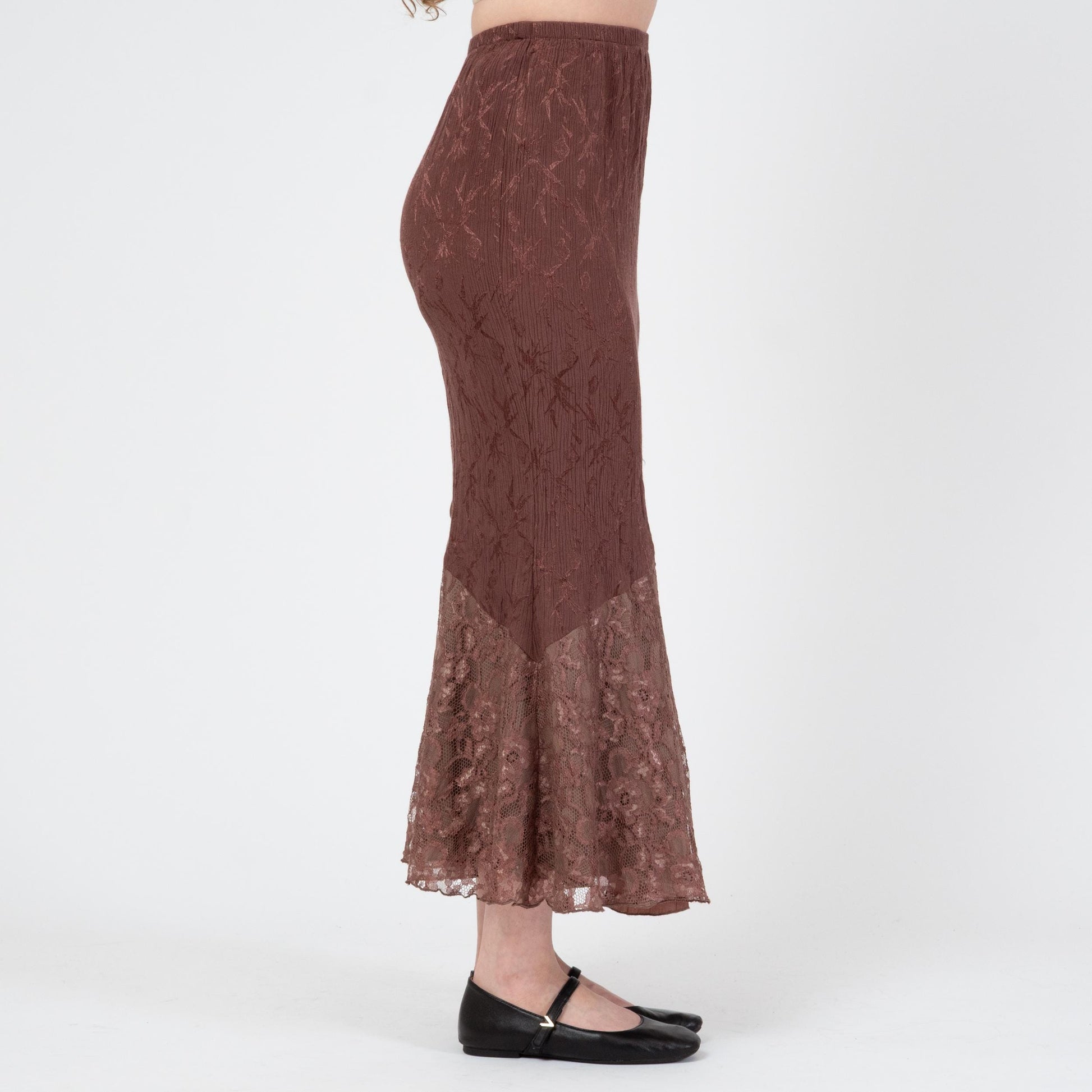Vintage 90s Mocha Brown Jacquard & Lace Maxi Skirt - Small | Boho Asymmetrical Mermaid Hem Fairy Skirt