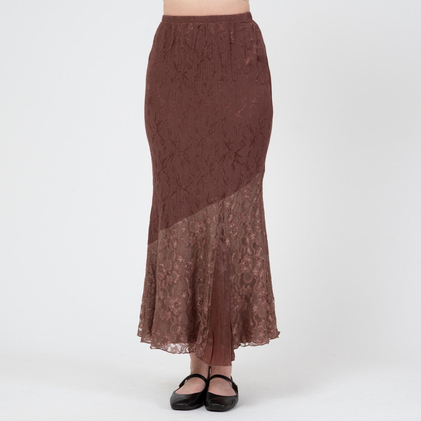 Vintage 90s Mocha Brown Jacquard & Lace Maxi Skirt - Small | Boho Asymmetrical Mermaid Hem Fairy Skirt