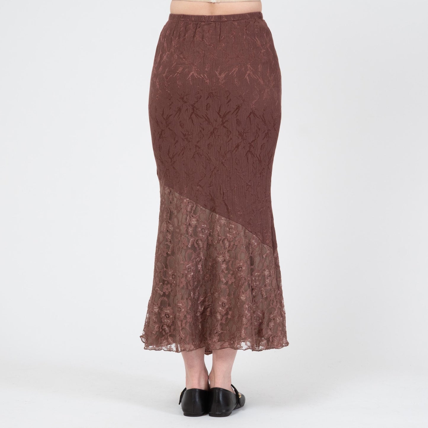 Vintage 90s Mocha Brown Jacquard & Lace Maxi Skirt - Small | Boho Asymmetrical Mermaid Hem Fairy Skirt