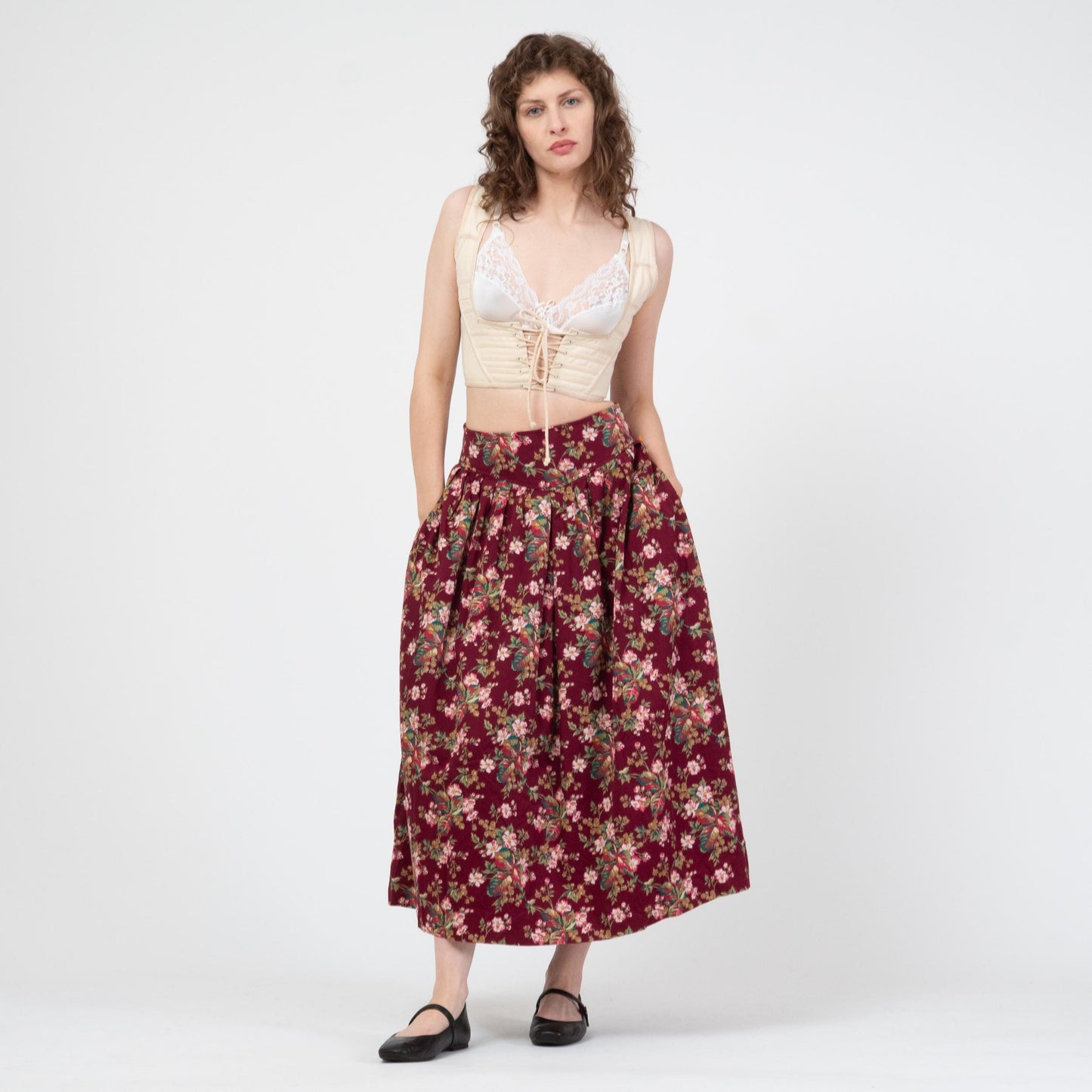 Vintage 80s Wine Red Floral Ribbed Cotton Midi Skirt - Small, 27" Waist | Susan Bristol Basque Waist Pocket Skirt