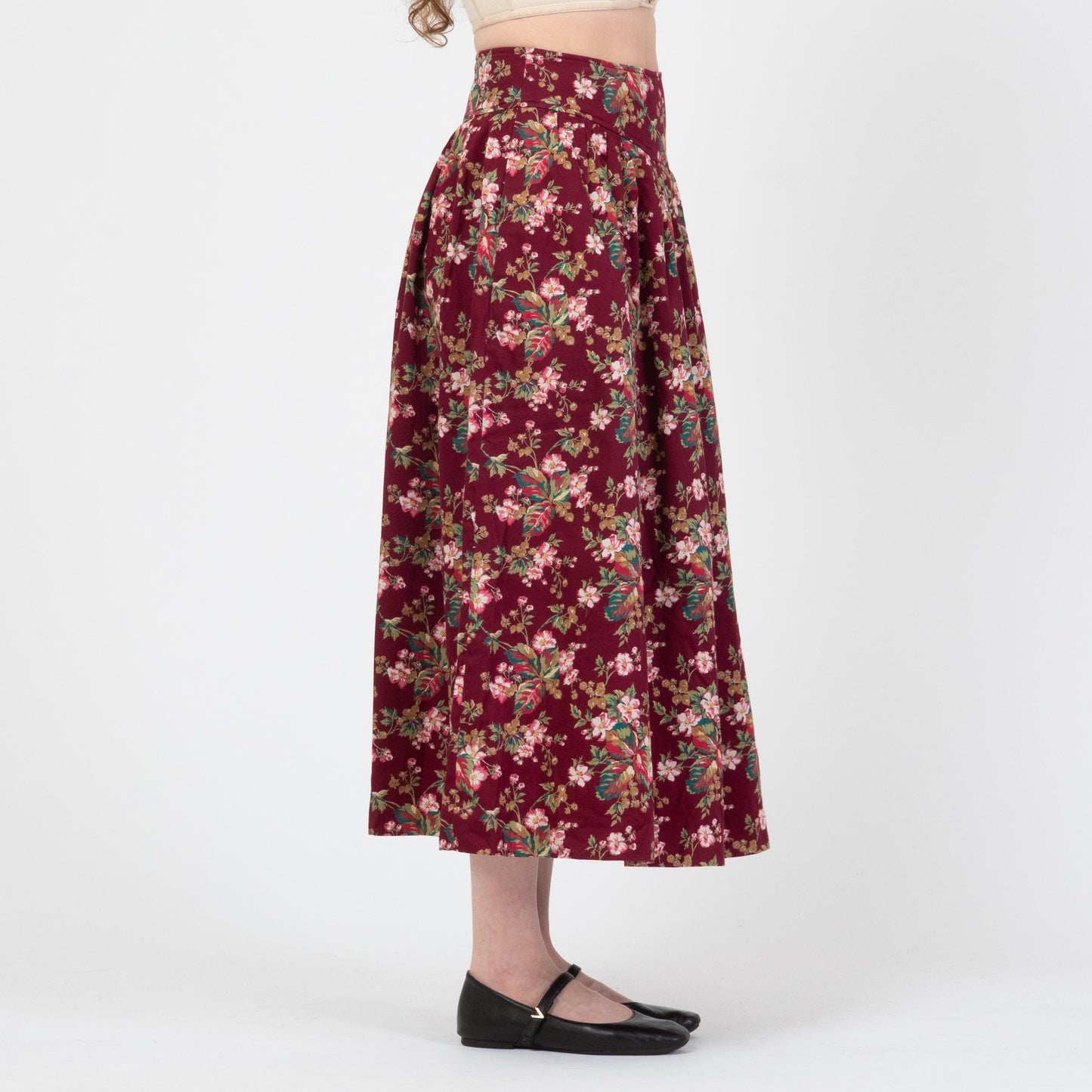 Vintage 80s Wine Red Floral Ribbed Cotton Midi Skirt - Small, 27" Waist | Susan Bristol Basque Waist Pocket Skirt