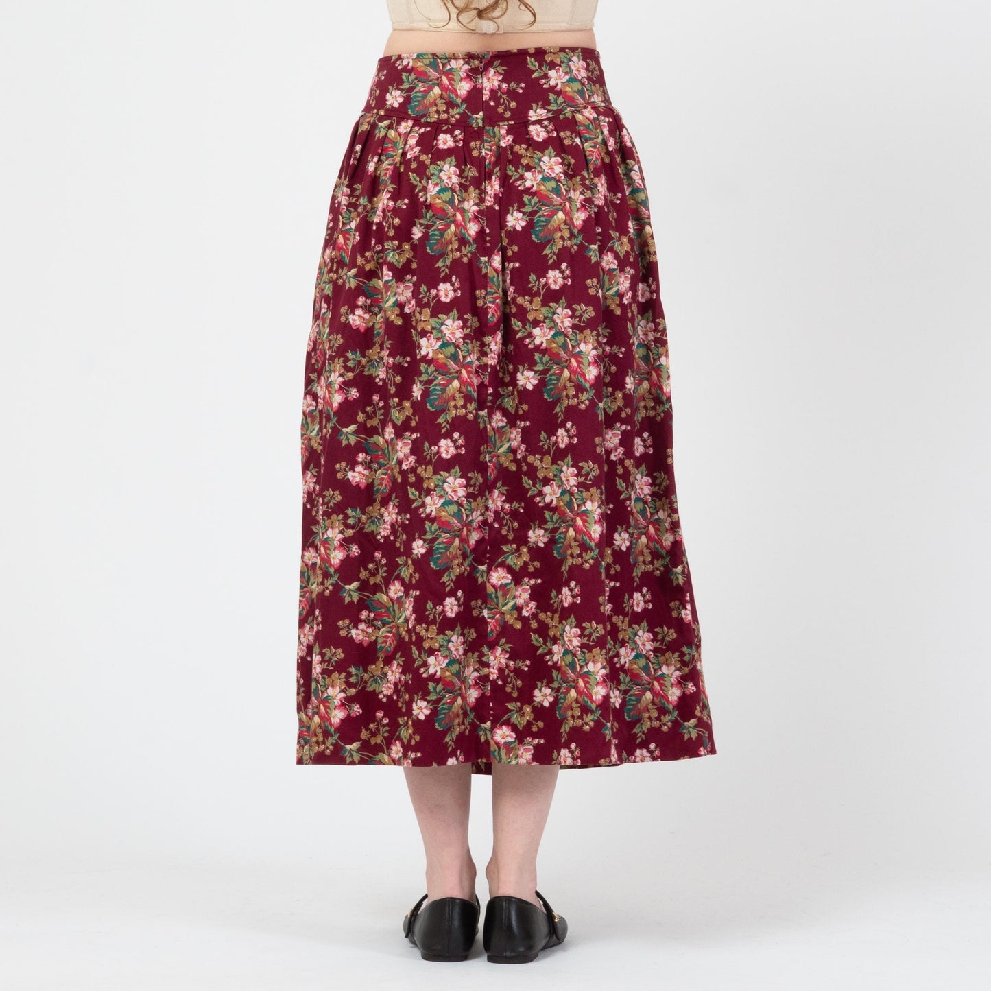 Vintage 80s Wine Red Floral Ribbed Cotton Midi Skirt - Small, 27" Waist | Susan Bristol Basque Waist Pocket Skirt