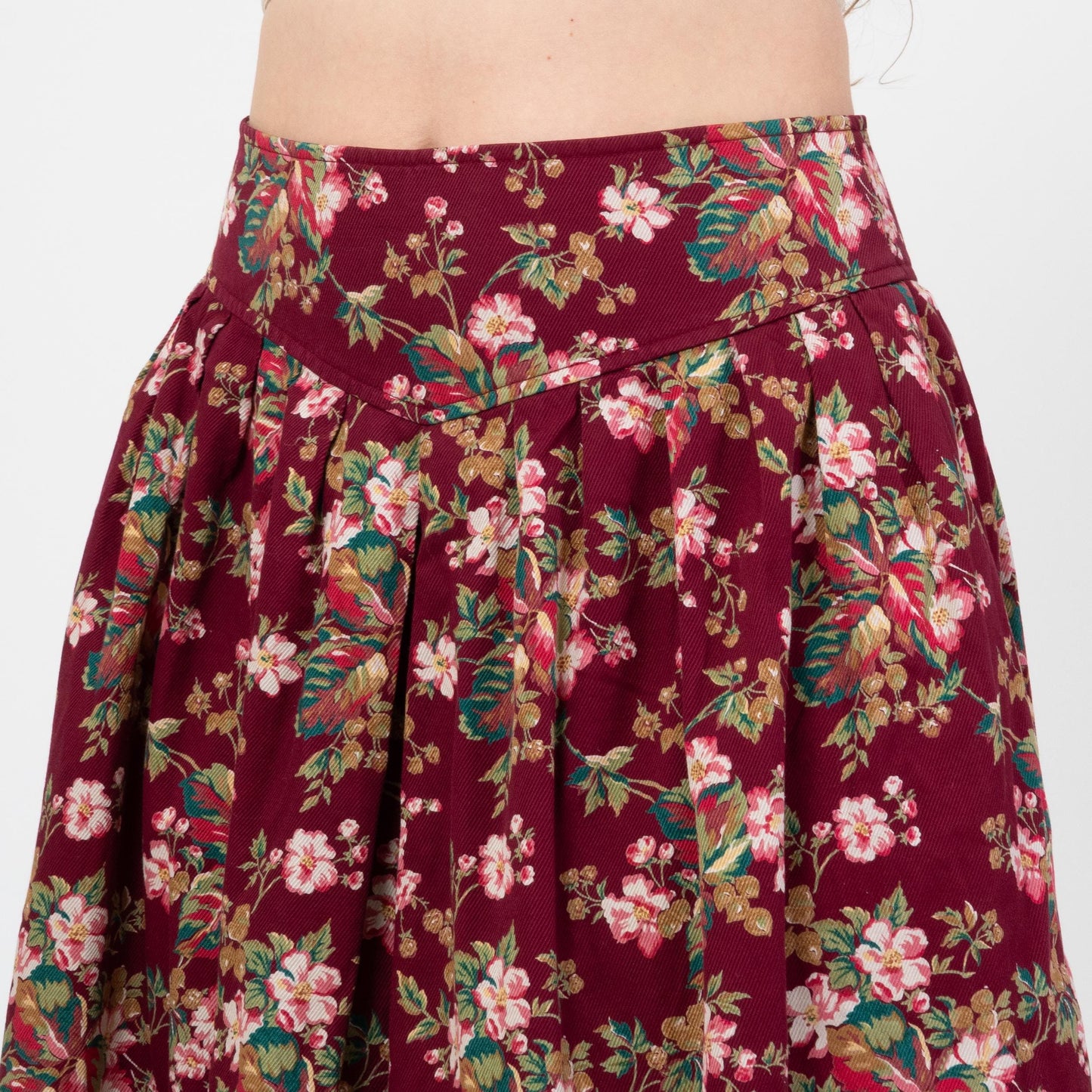 Vintage 80s Wine Red Floral Ribbed Cotton Midi Skirt - Small, 27" Waist | Susan Bristol Basque Waist Pocket Skirt