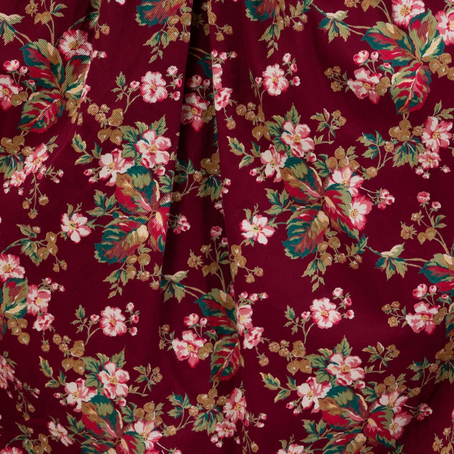 Vintage 80s Wine Red Floral Ribbed Cotton Midi Skirt - Small, 27" Waist | Susan Bristol Basque Waist Pocket Skirt