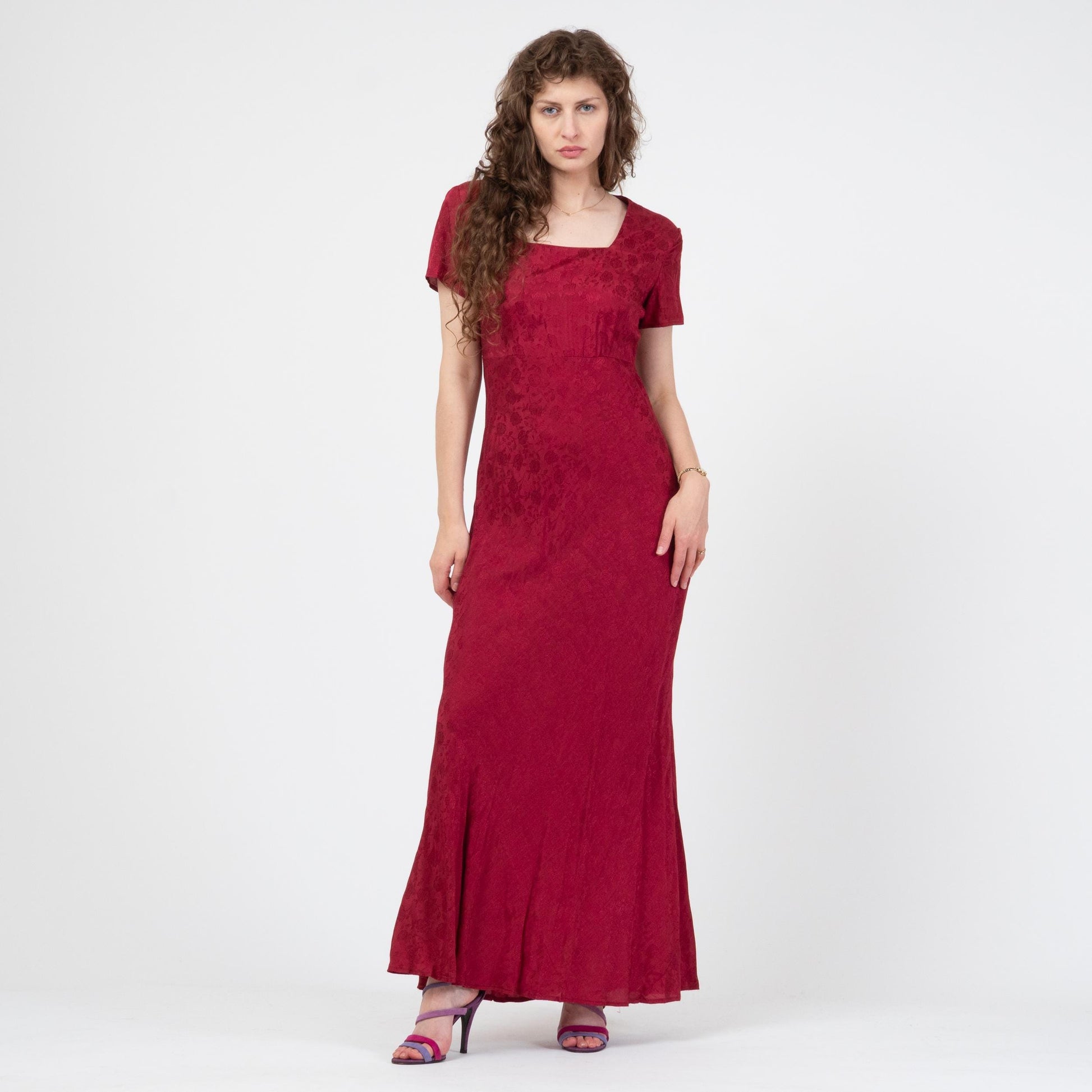 Vintage 90s Red Floral Jacquard Bias Cut Maxi Dress - Medium | Slinky Square Neck Formal Wedding Guest Gown