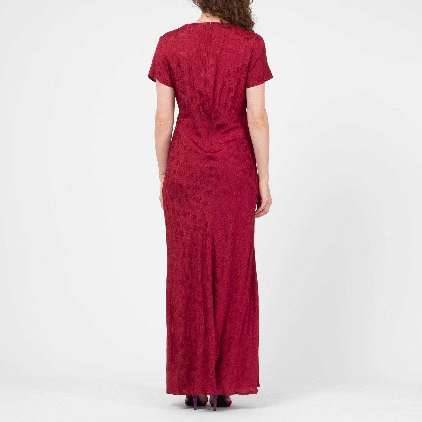 Vintage 90s Red Floral Jacquard Bias Cut Maxi Dress - Medium | Slinky Square Neck Formal Wedding Guest Gown