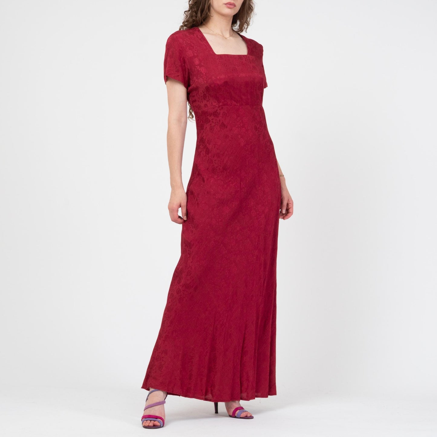 Vintage 90s Red Floral Jacquard Bias Cut Maxi Dress - Medium | Slinky Square Neck Formal Wedding Guest Gown