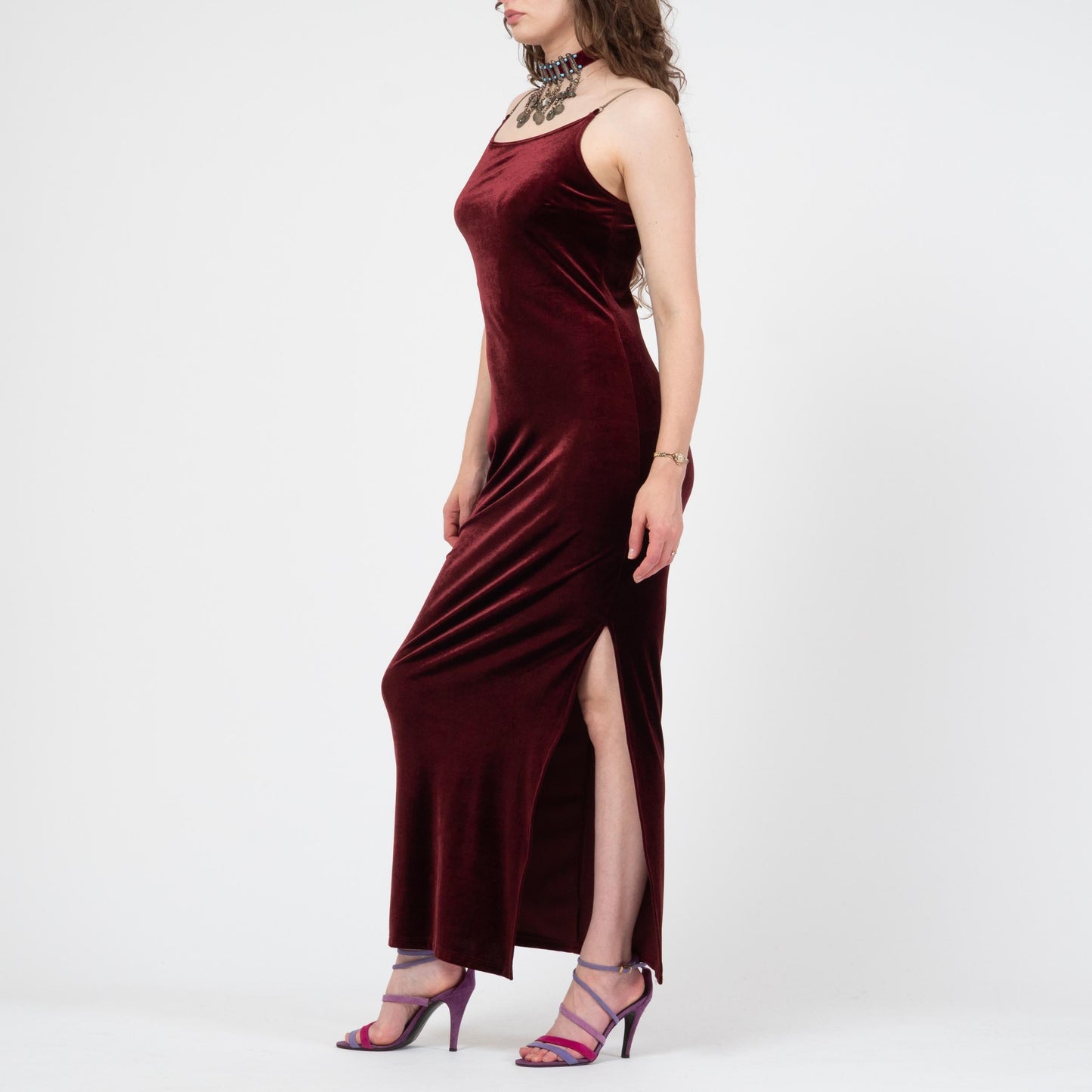 Vintage 90s Oxblood Red Velvet Chain Strap Gown - Medium to Large | Spaghetti Strap Formal Maxi Party Dress