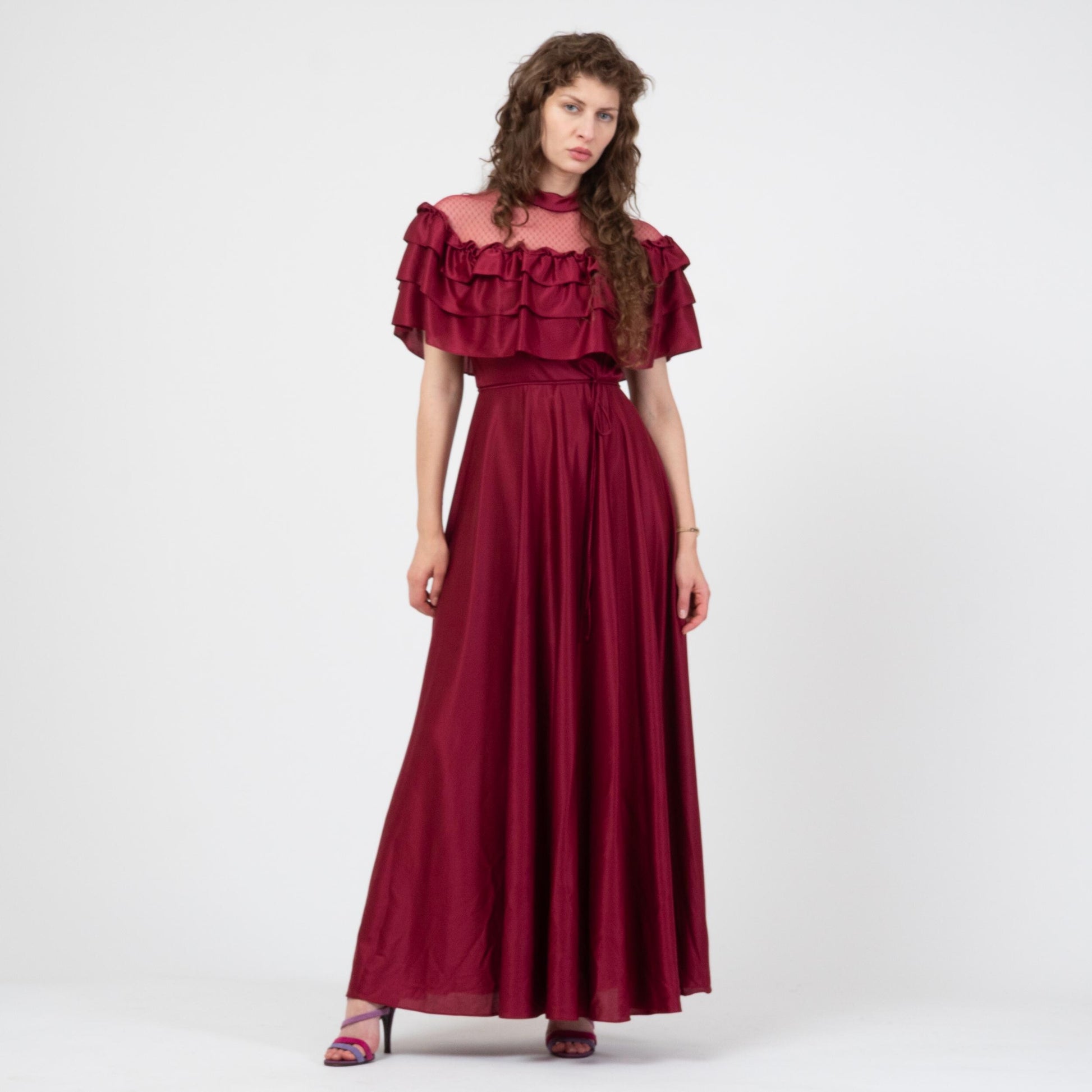 Vintage 70s Does Victorian Wine Red Gown - Small | Sheer Lace Ruffled Bib Formal Maxi Prom Dress