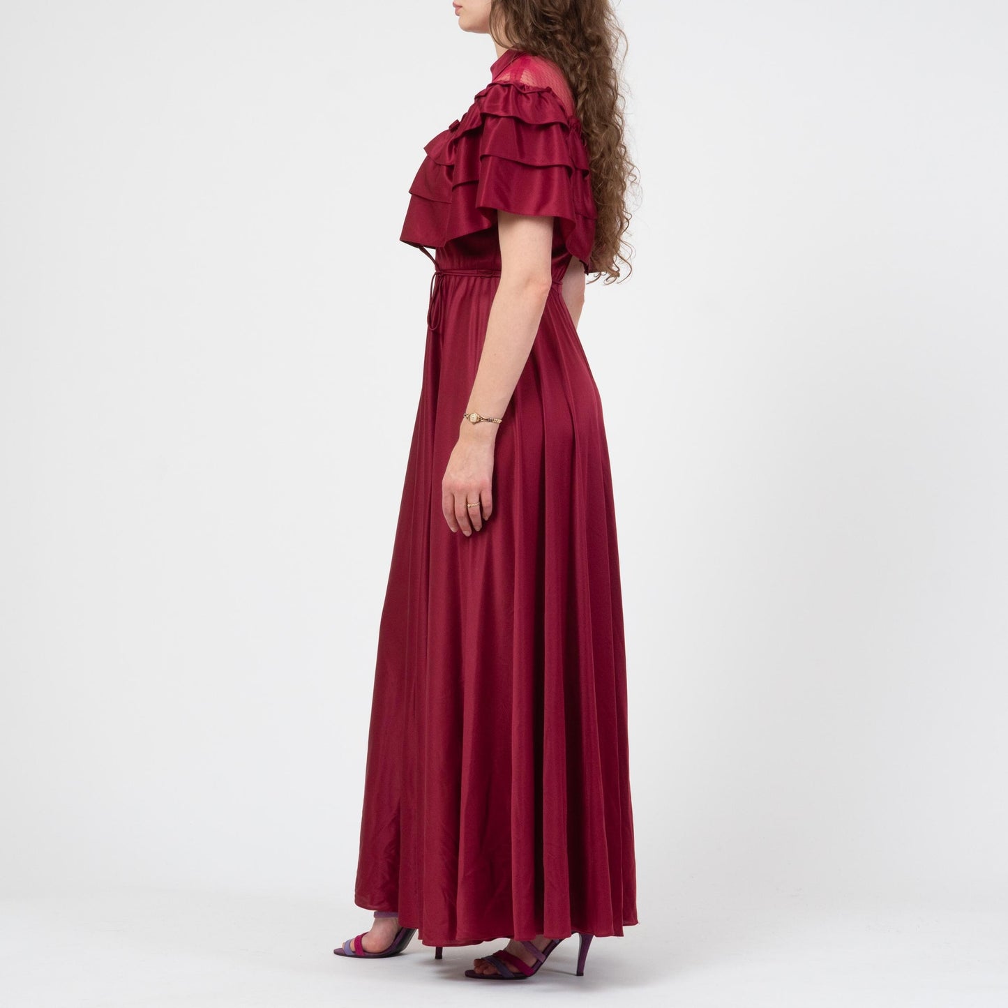 Vintage 70s Does Victorian Wine Red Gown - Small | Sheer Lace Ruffled Bib Formal Maxi Prom Dress