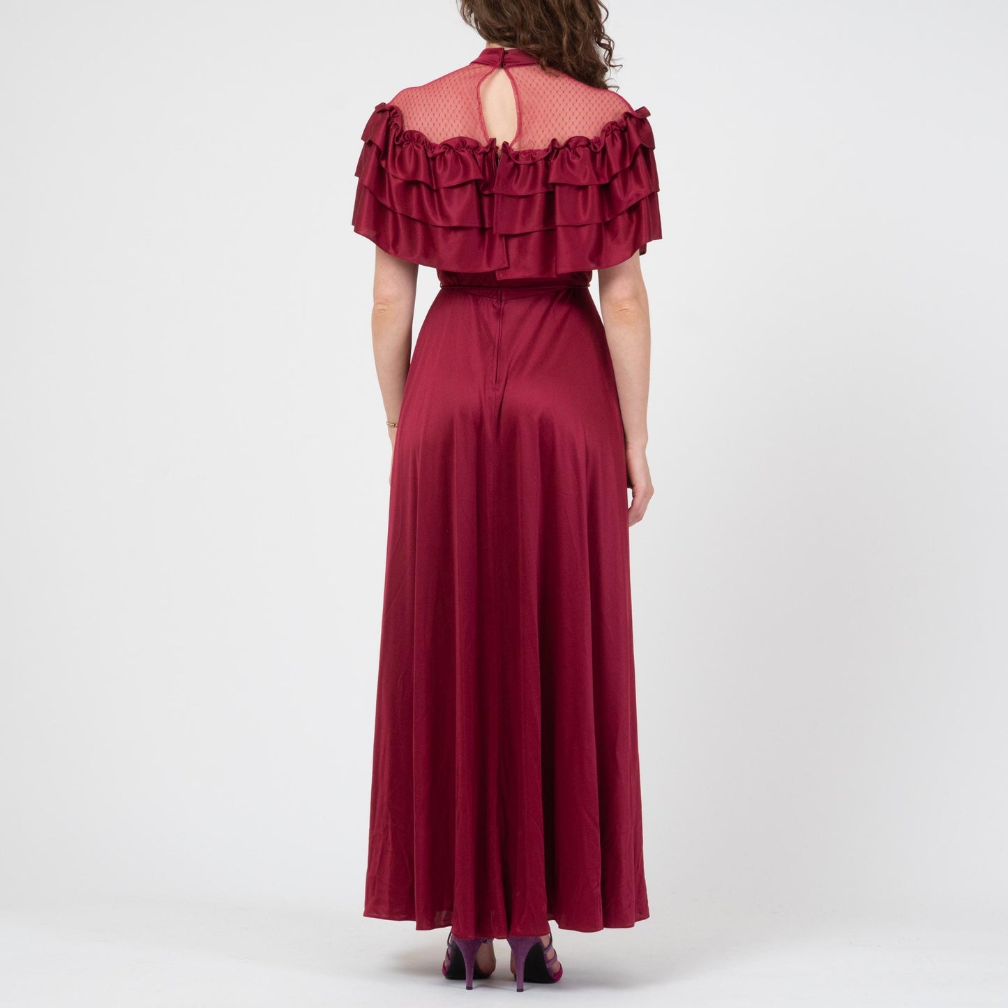 Vintage 70s Does Victorian Wine Red Gown - Small | Sheer Lace Ruffled Bib Formal Maxi Prom Dress