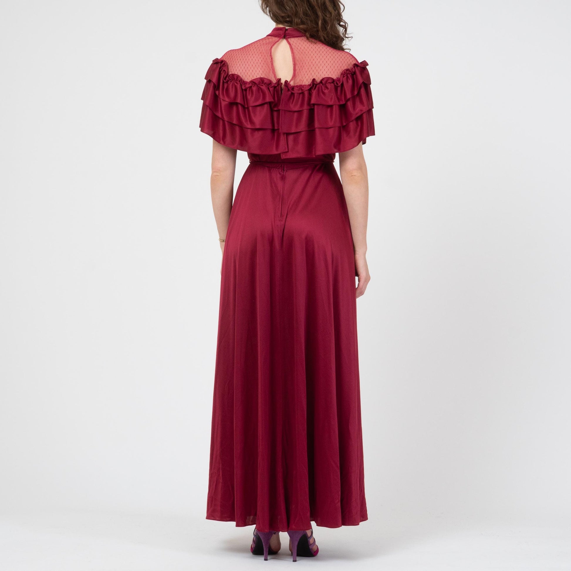 Vintage 70s Does Victorian Wine Red Gown - Small | Sheer Lace Ruffled Bib Formal Maxi Prom Dress