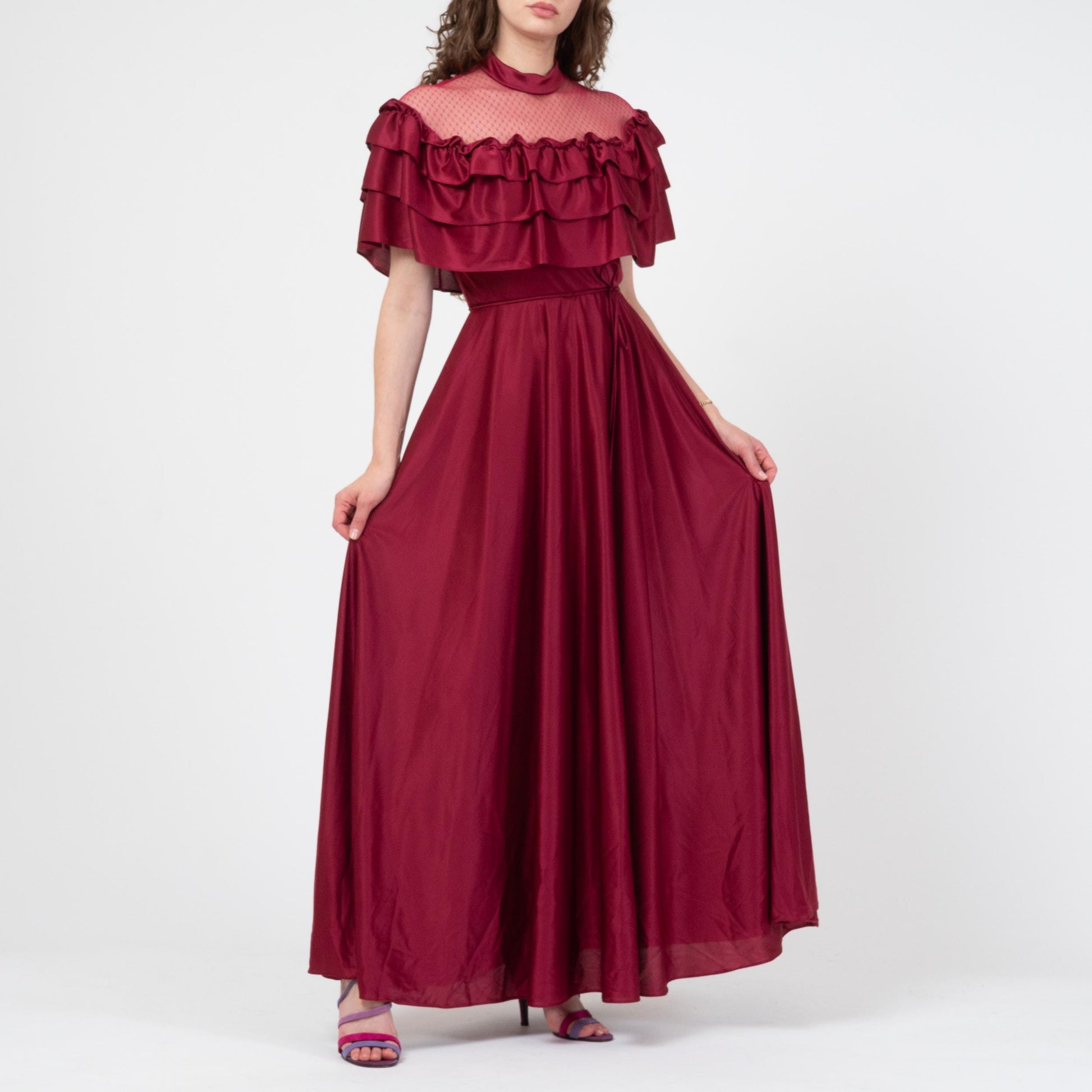 Vintage 70s Does Victorian Wine Red Gown - Small | Sheer Lace Ruffled Bib Formal Maxi Prom Dress