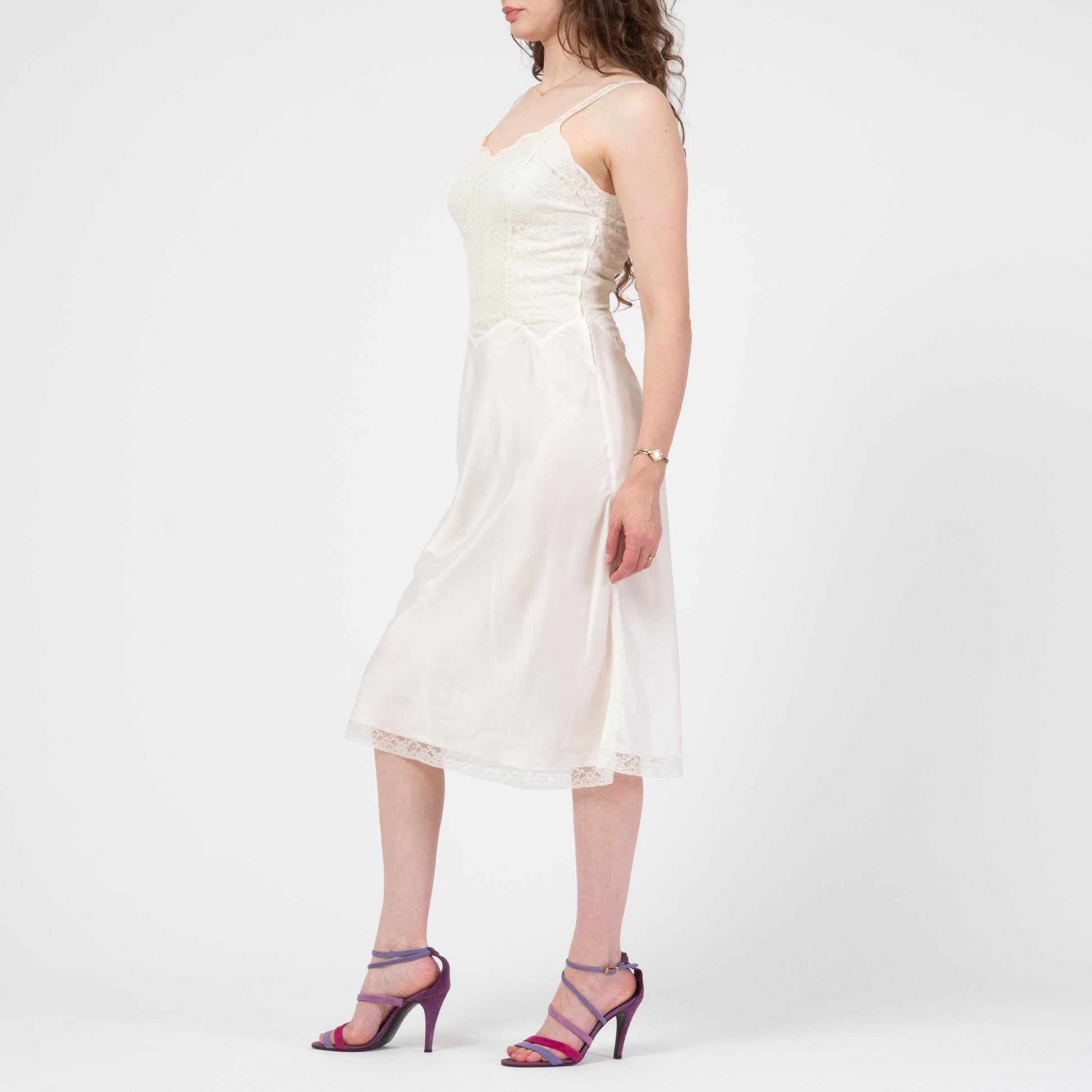 Vintage 50s Barbizon White Lace Bodice Slip - Small | Retro Lingerie Midi Dress