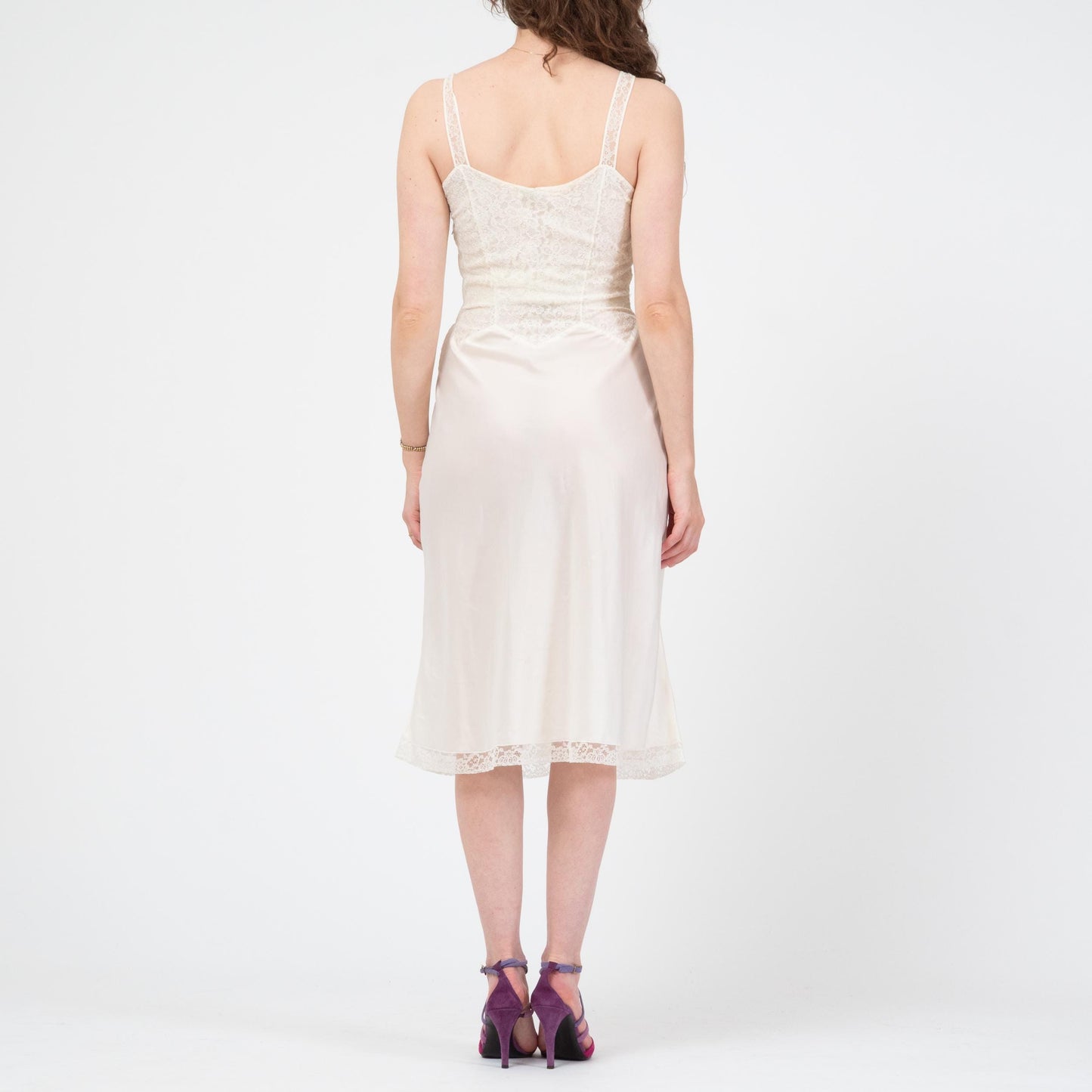 Vintage 50s Barbizon White Lace Bodice Slip - Small | Retro Lingerie Midi Dress