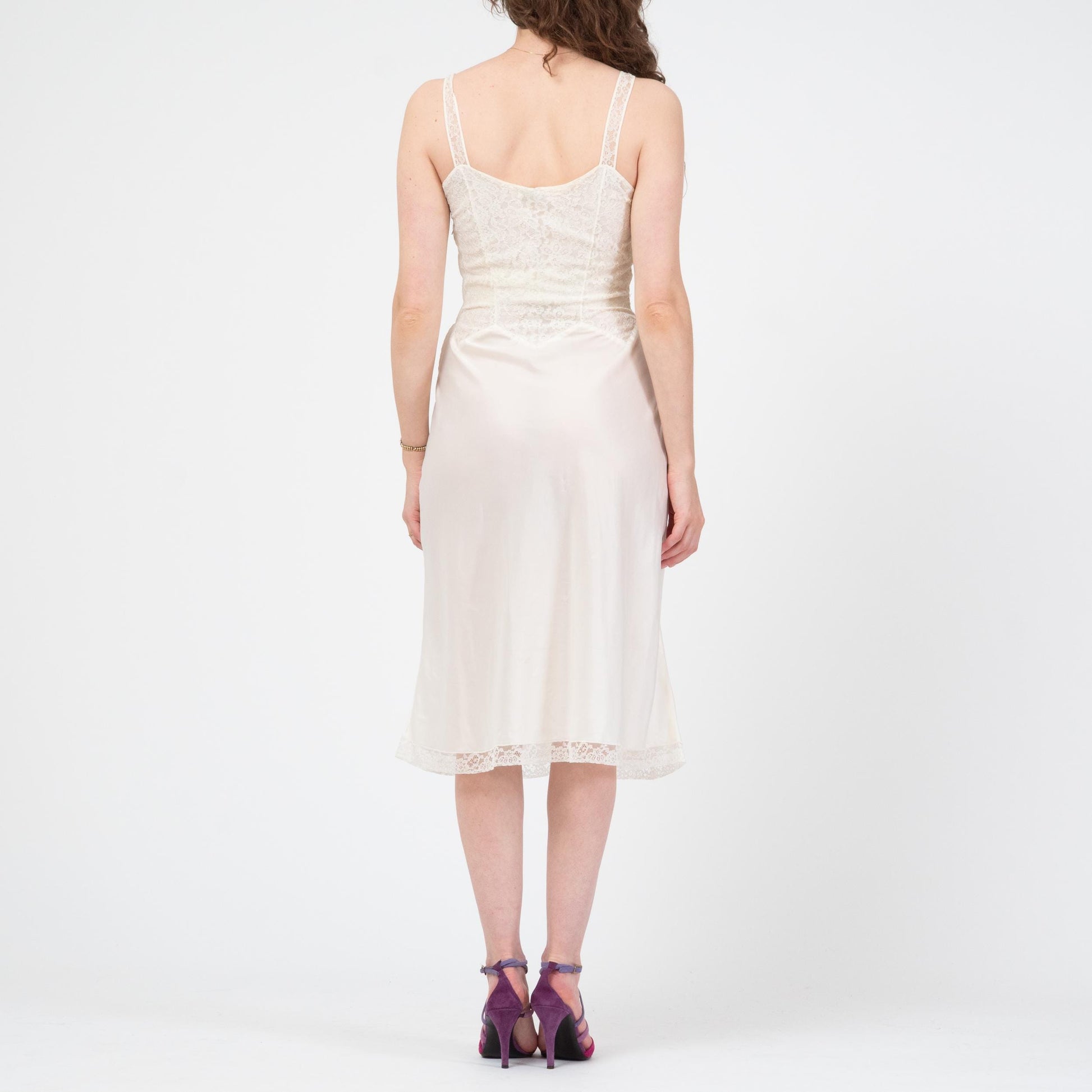 Vintage 50s Barbizon White Lace Bodice Slip - Small | Retro Lingerie Midi Dress