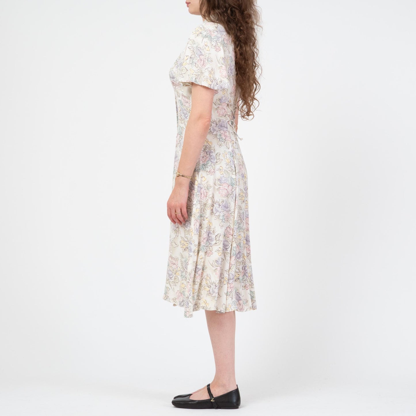 Vintage 90s Pastel Floral Keyhole Midi Dress - Medium | Flutter Sleeve Boho Button Front Dress