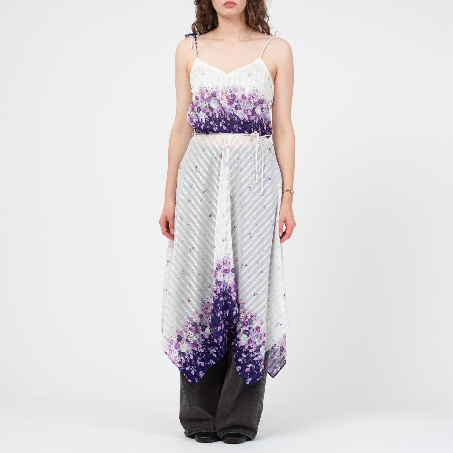 Vintage 70s Sheer White & Purple Floral Scarf Hem Dress - Medium | Boho Frederick’s of Hollywood Handkerchief Midi Disco Dress
