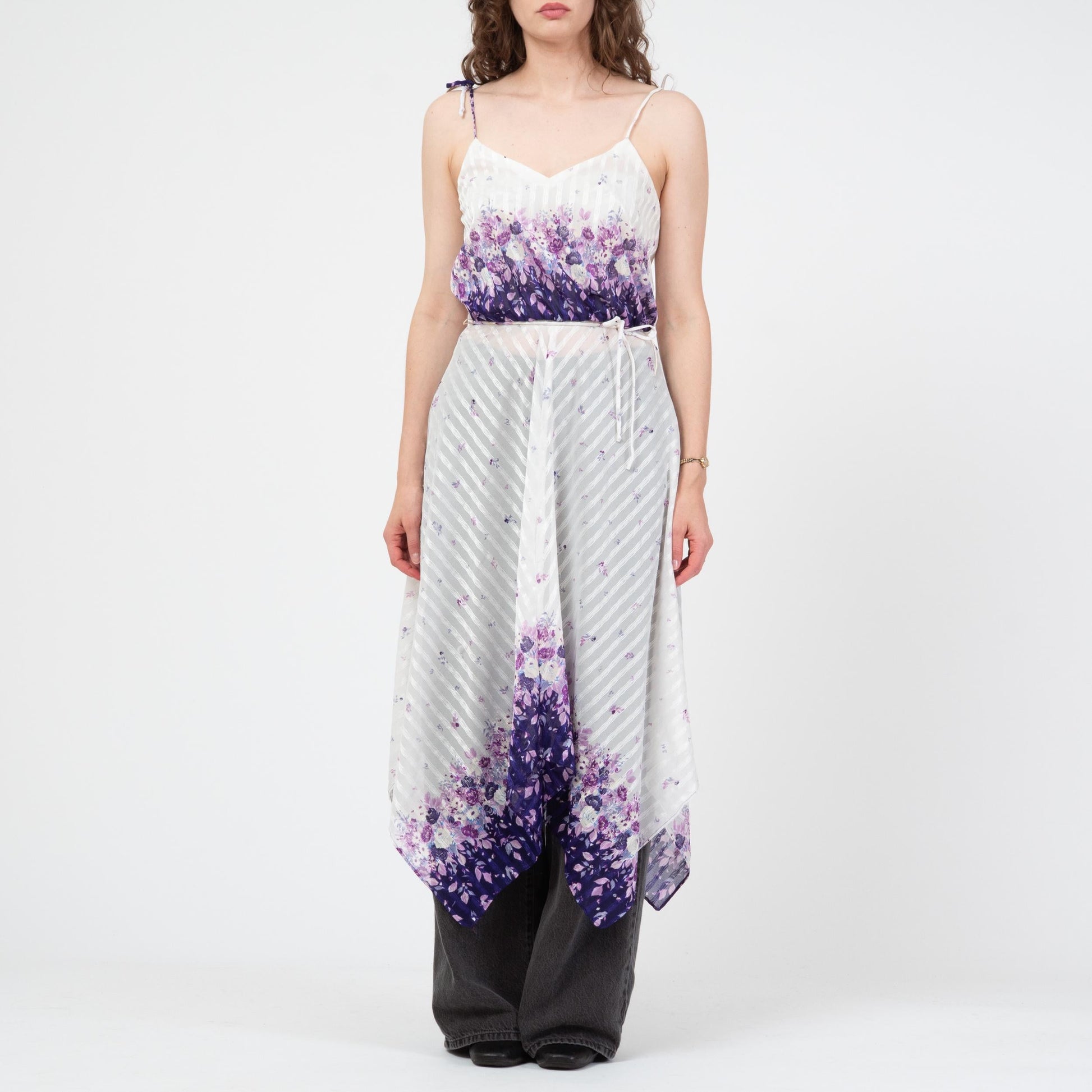 Vintage 70s Sheer White & Purple Floral Scarf Hem Dress - Medium | Boho Frederick’s of Hollywood Handkerchief Midi Disco Dress