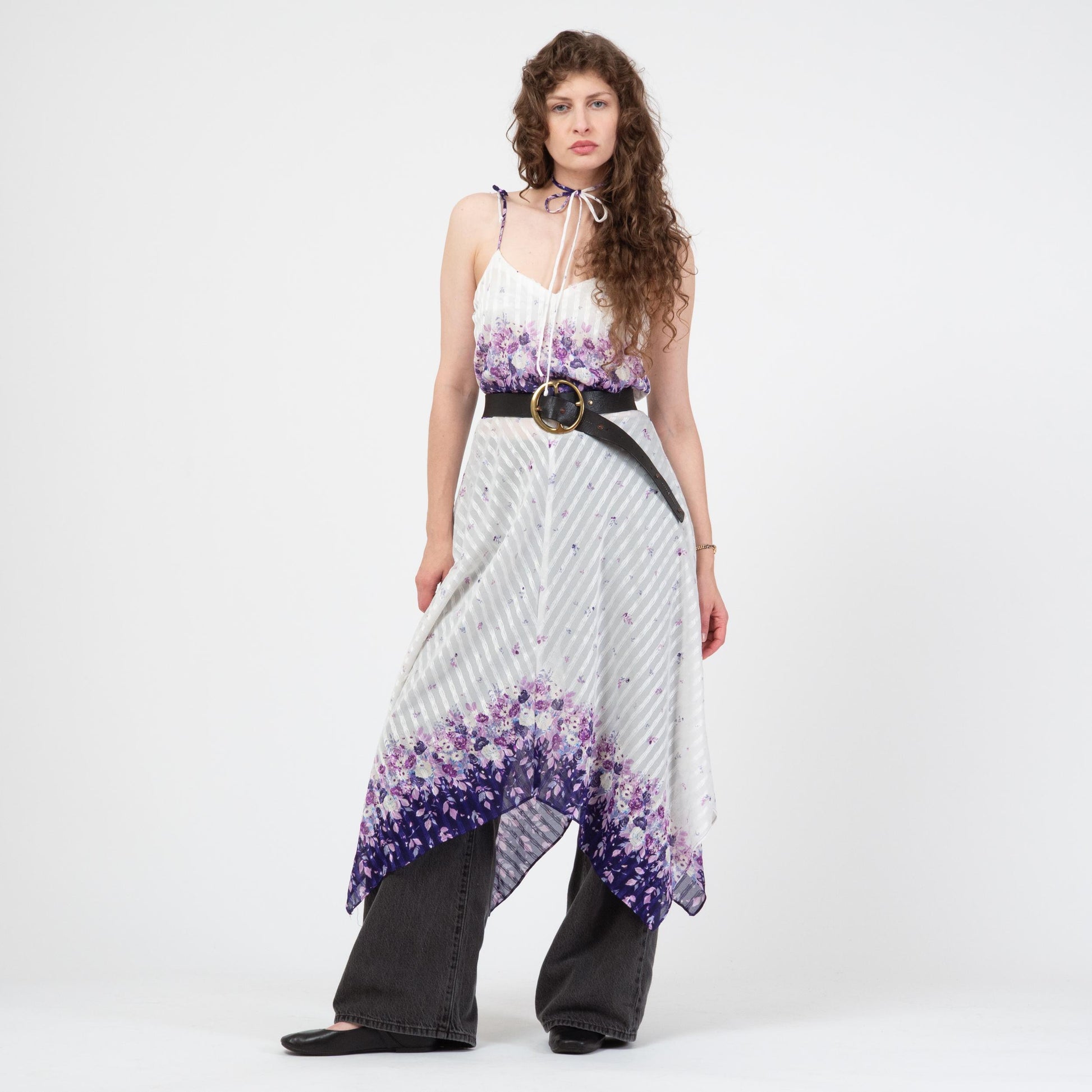 Vintage 70s Sheer White & Purple Floral Scarf Hem Dress - Medium | Boho Frederick’s of Hollywood Handkerchief Midi Disco Dress