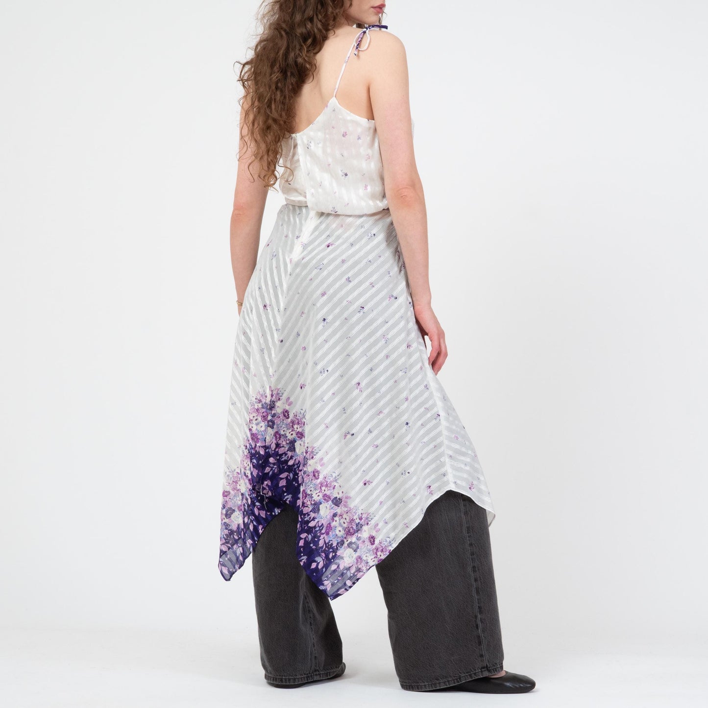 Vintage 70s Sheer White & Purple Floral Scarf Hem Dress - Medium | Boho Frederick’s of Hollywood Handkerchief Midi Disco Dress