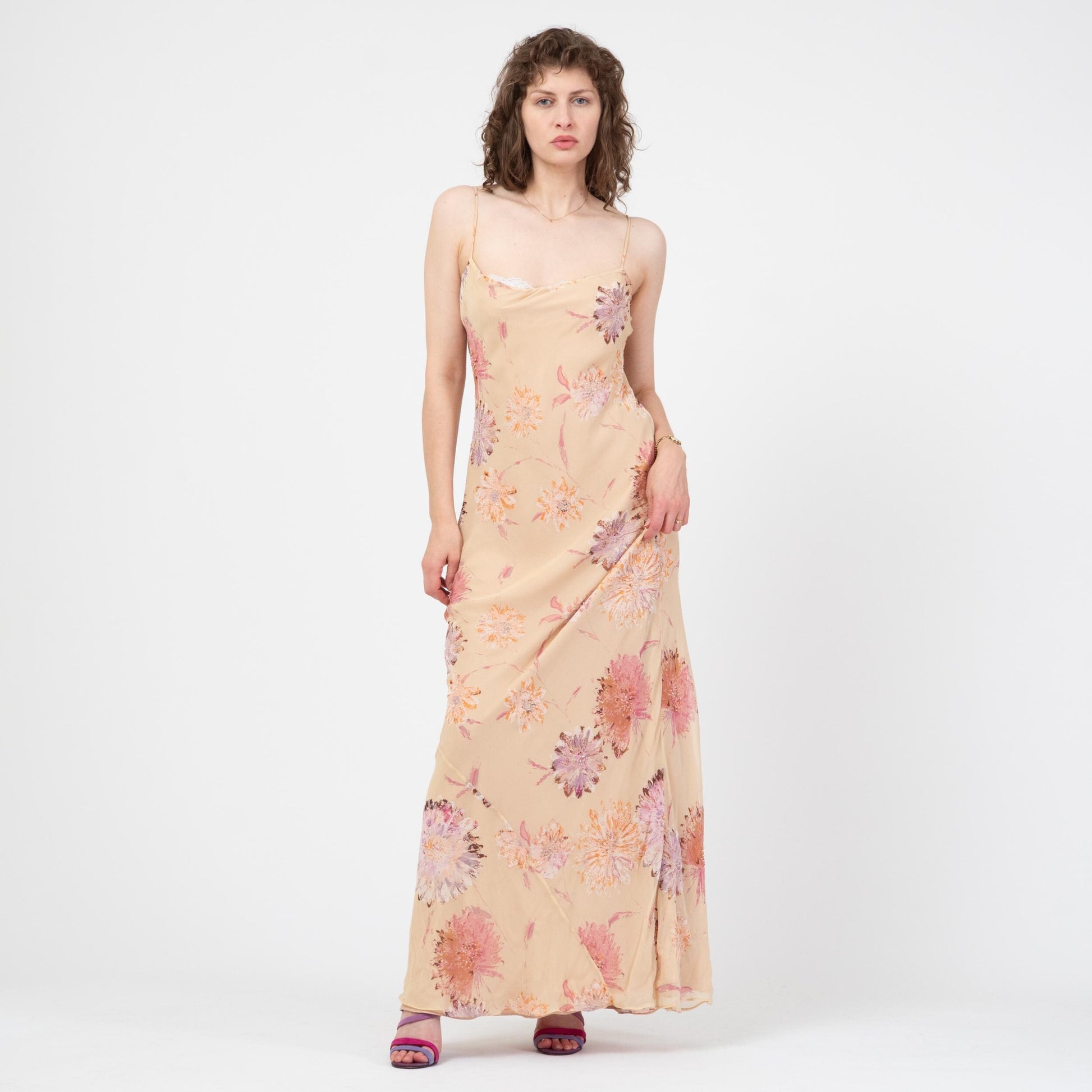 Vintage Y2K Laundry by Shelli Segal Beaded Floral Silk Gown - Medium Tall | Formal Maxi Prom Party Dress