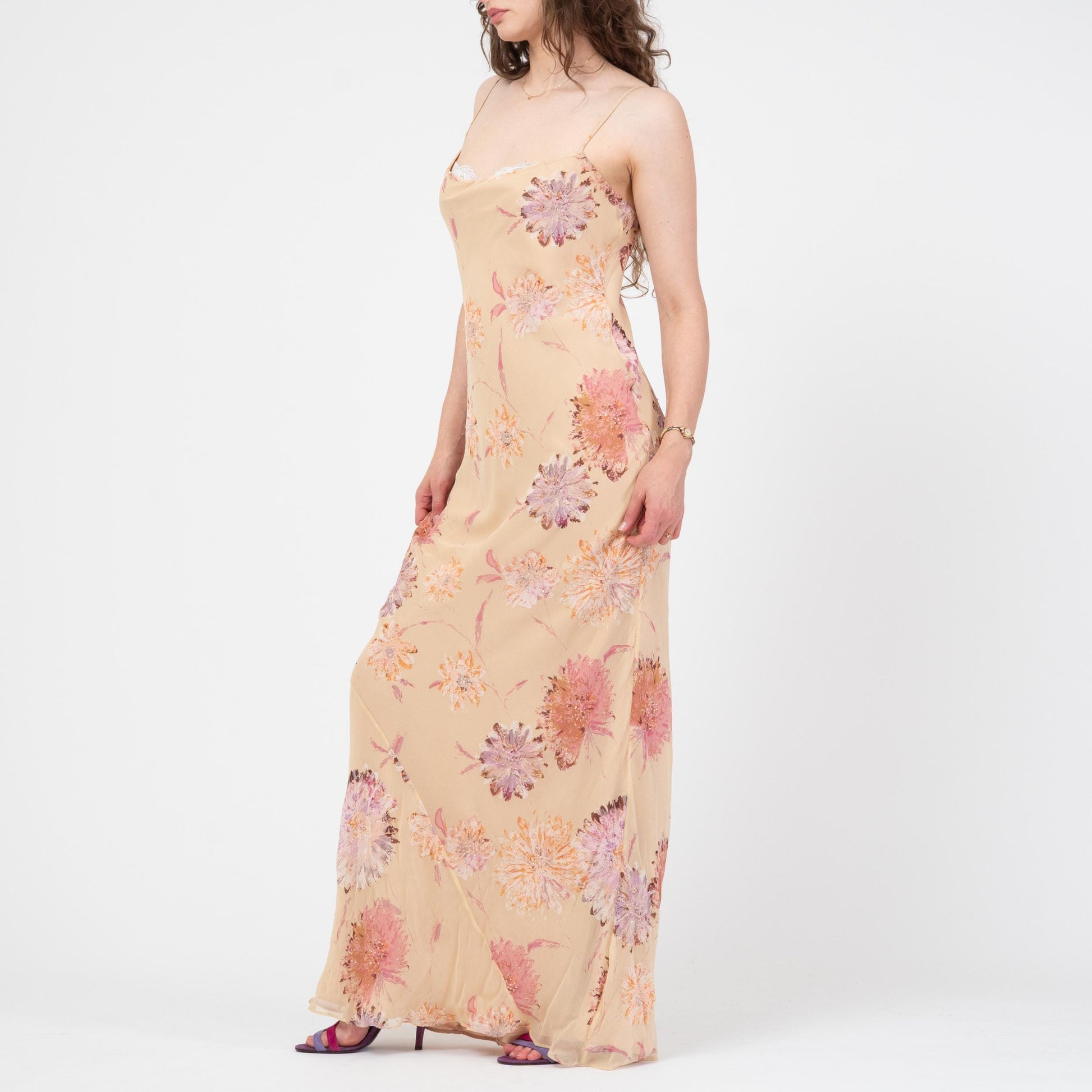 Vintage Y2K Laundry by Shelli Segal Beaded Floral Silk Gown - Medium Tall | Formal Maxi Prom Party Dress