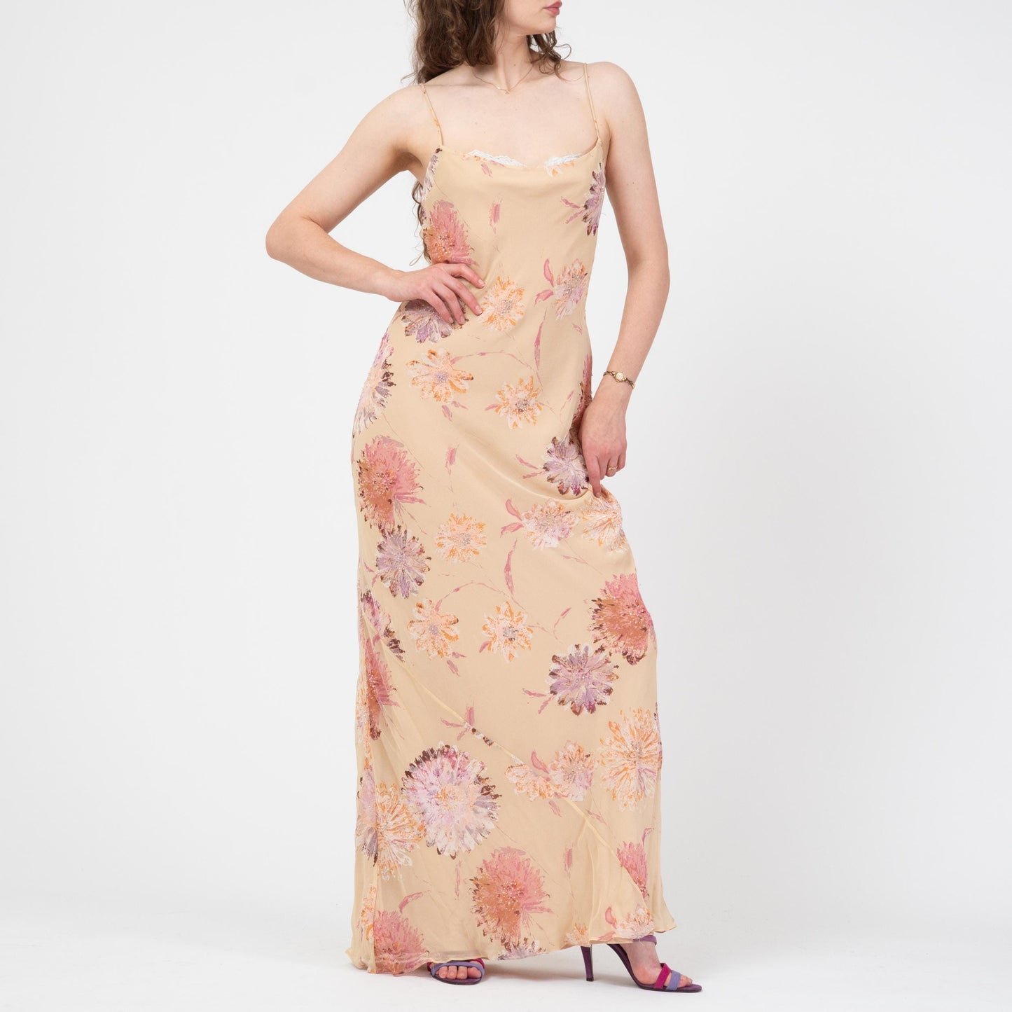 Vintage Y2K Laundry by Shelli Segal Beaded Floral Silk Gown - Medium Tall | Formal Maxi Prom Party Dress