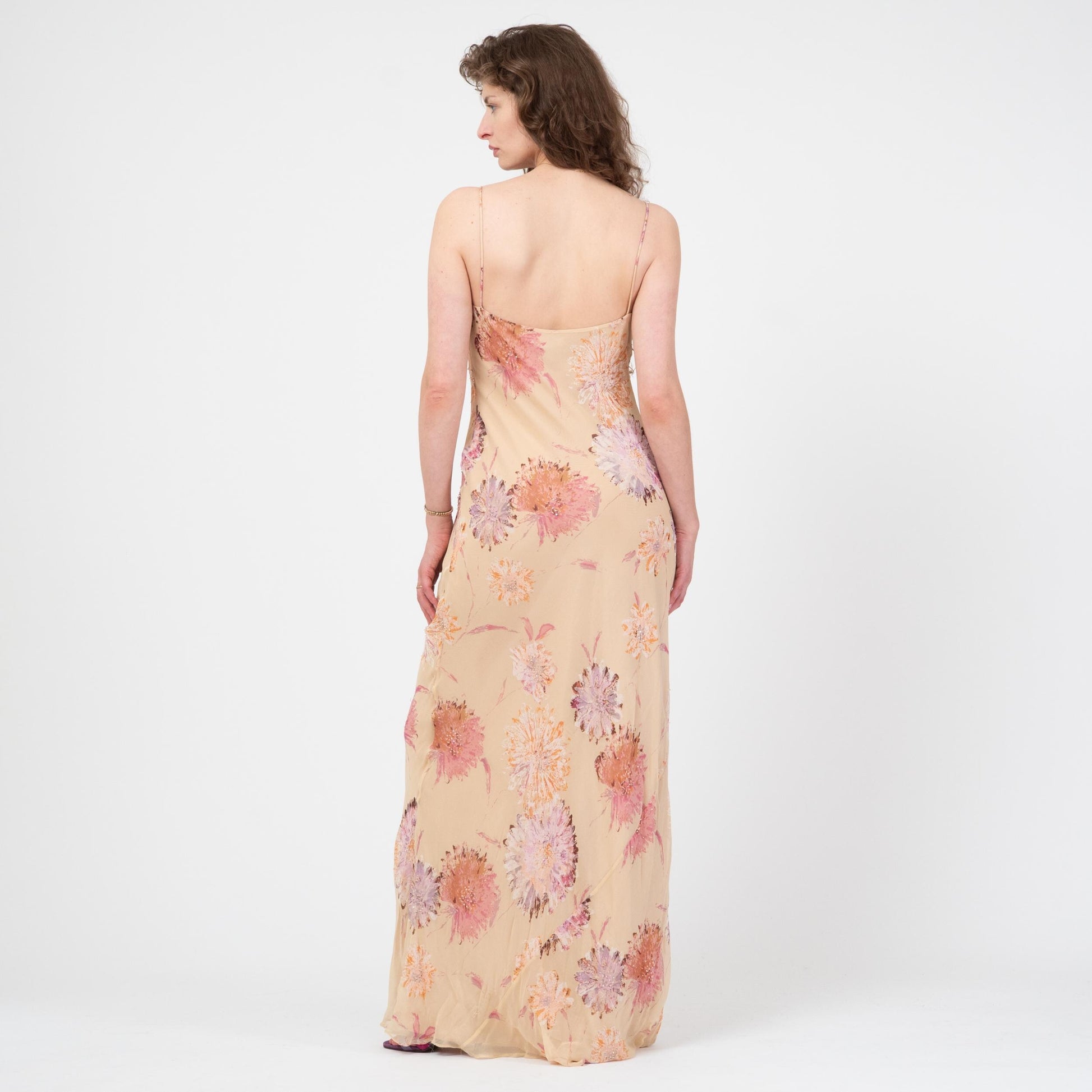 Vintage Y2K Laundry by Shelli Segal Beaded Floral Silk Gown - Medium Tall | Formal Maxi Prom Party Dress
