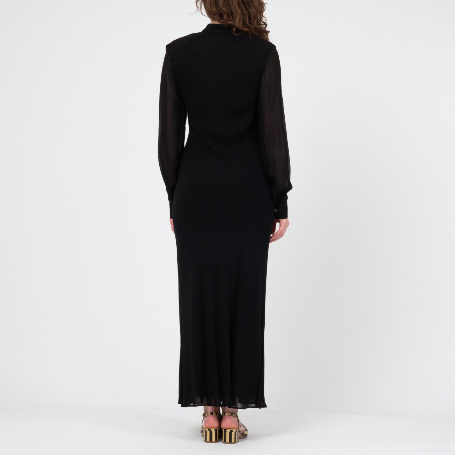 Vintage 80s Black Bias Cut Sheer Sleeve Maxi Dress - Large | Slinky Long Sleeve Cocktail Gown