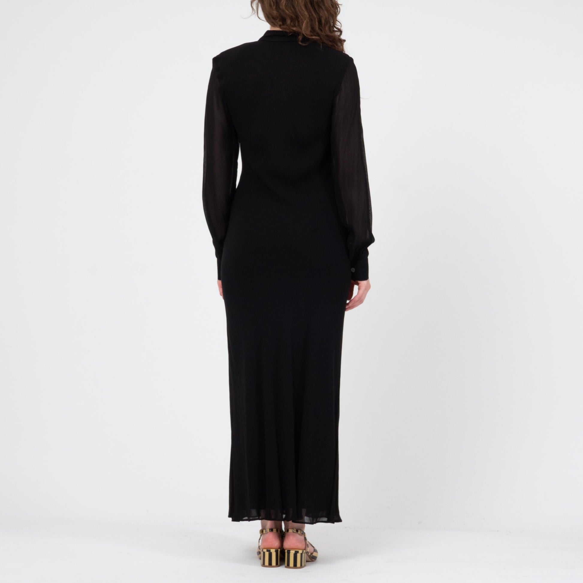 Vintage 80s Black Bias Cut Sheer Sleeve Maxi Dress - Large | Slinky Long Sleeve Cocktail Gown