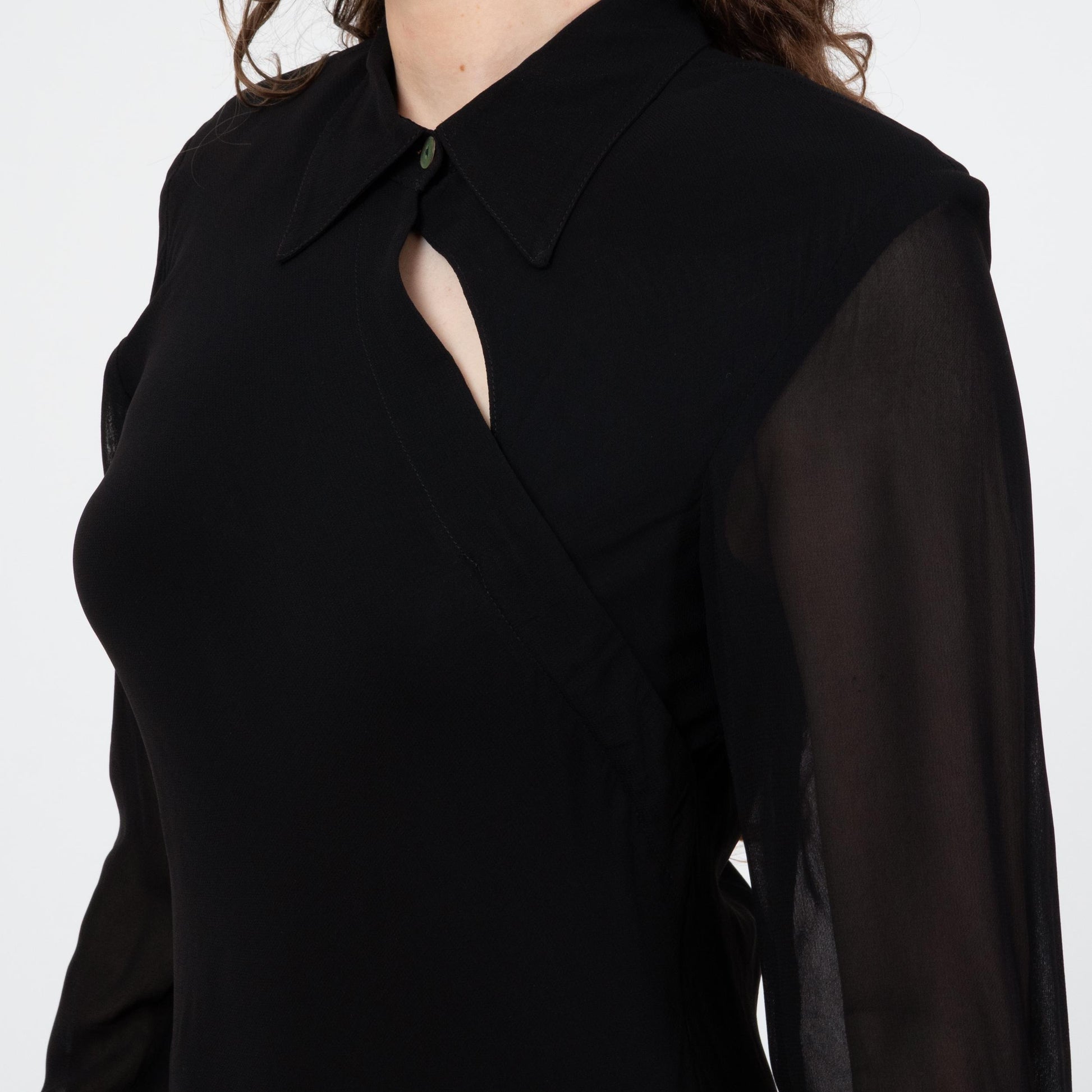 Vintage 80s Black Bias Cut Sheer Sleeve Maxi Dress - Large | Slinky Long Sleeve Cocktail Gown