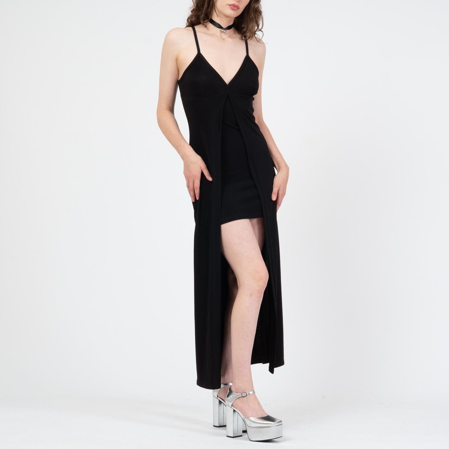 Vintage 90s Black High-Low Peekaboo Dress - Small | Spaghetti Strap Sexy Party Dress