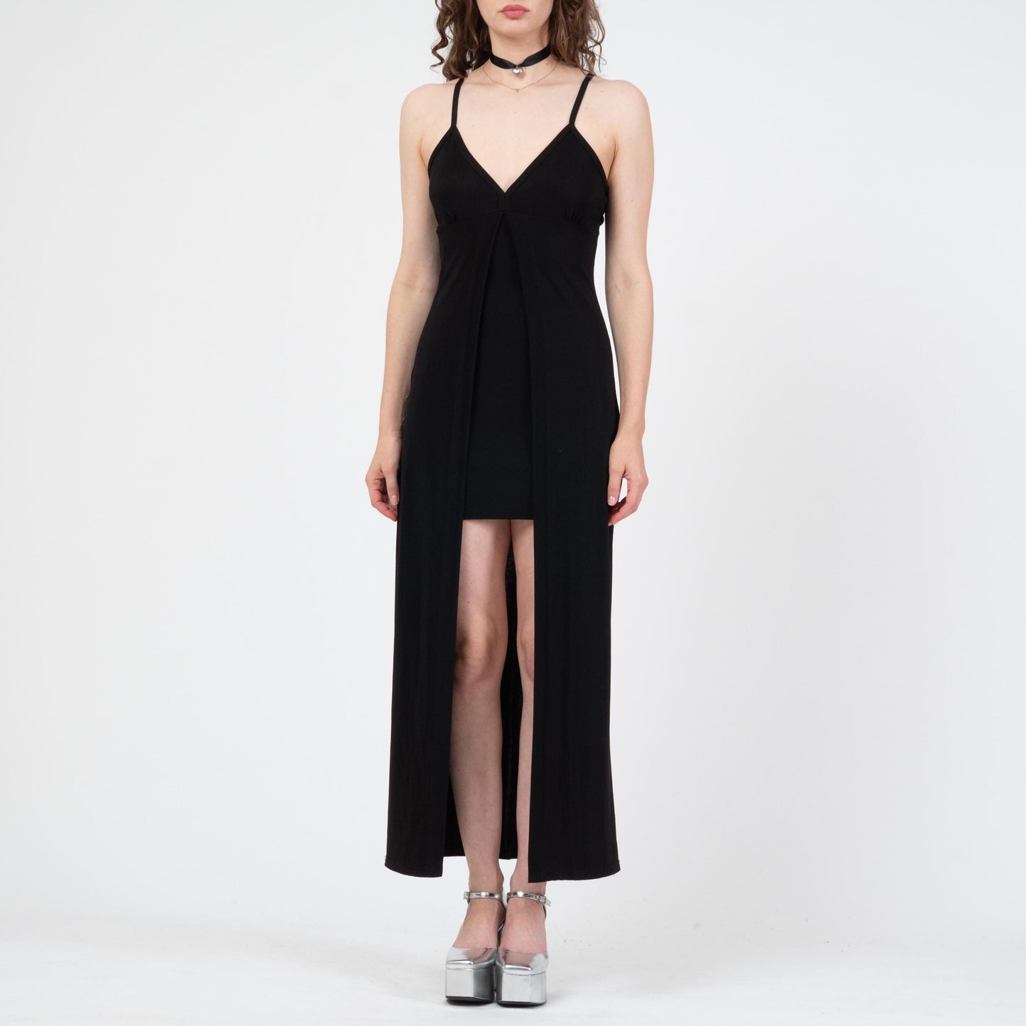 Vintage 90s Black High-Low Peekaboo Dress - Small | Spaghetti Strap Sexy Party Dress