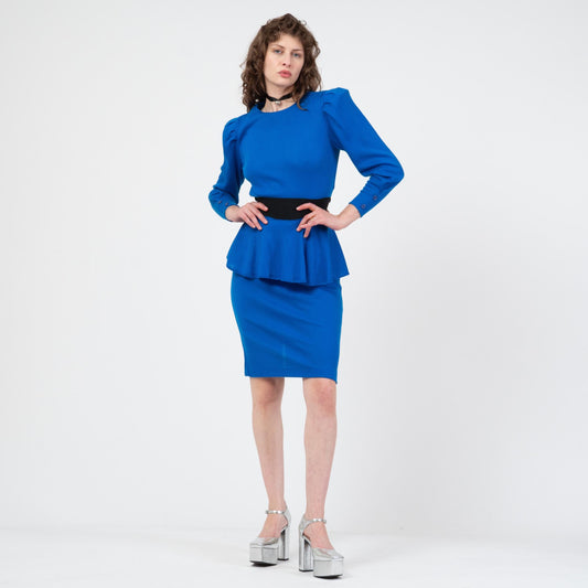 Vintage 80s Cobalt Blue Peplum Belt Dress - Small | Long Puff Sleeve Ribbed Sweater Dress