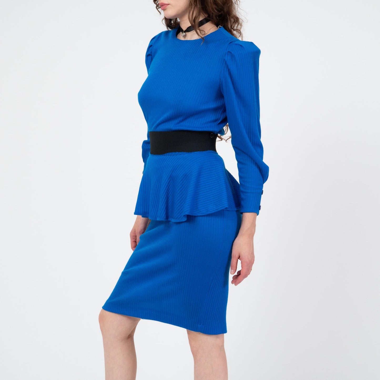 Vintage 80s Cobalt Blue Peplum Belt Dress - Small | Long Puff Sleeve Ribbed Sweater Dress