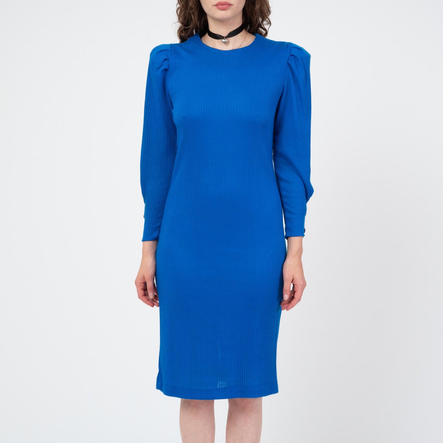 Vintage 80s Cobalt Blue Peplum Belt Dress - Small | Long Puff Sleeve Ribbed Sweater Dress