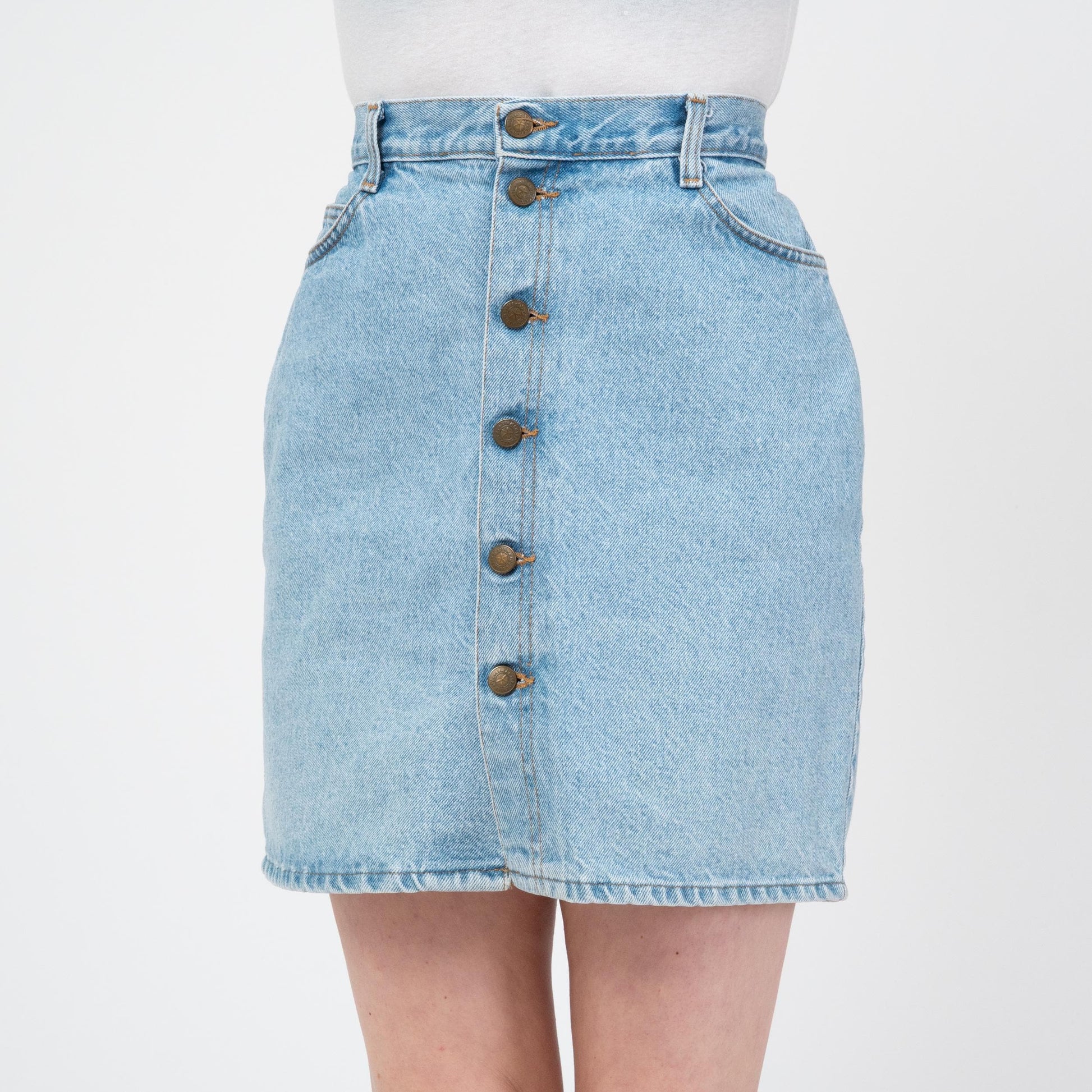 Vintage 90s Denim Button Front Mini Skirt - Medium, 29" Waist | High Waisted Blue Jean Skirt