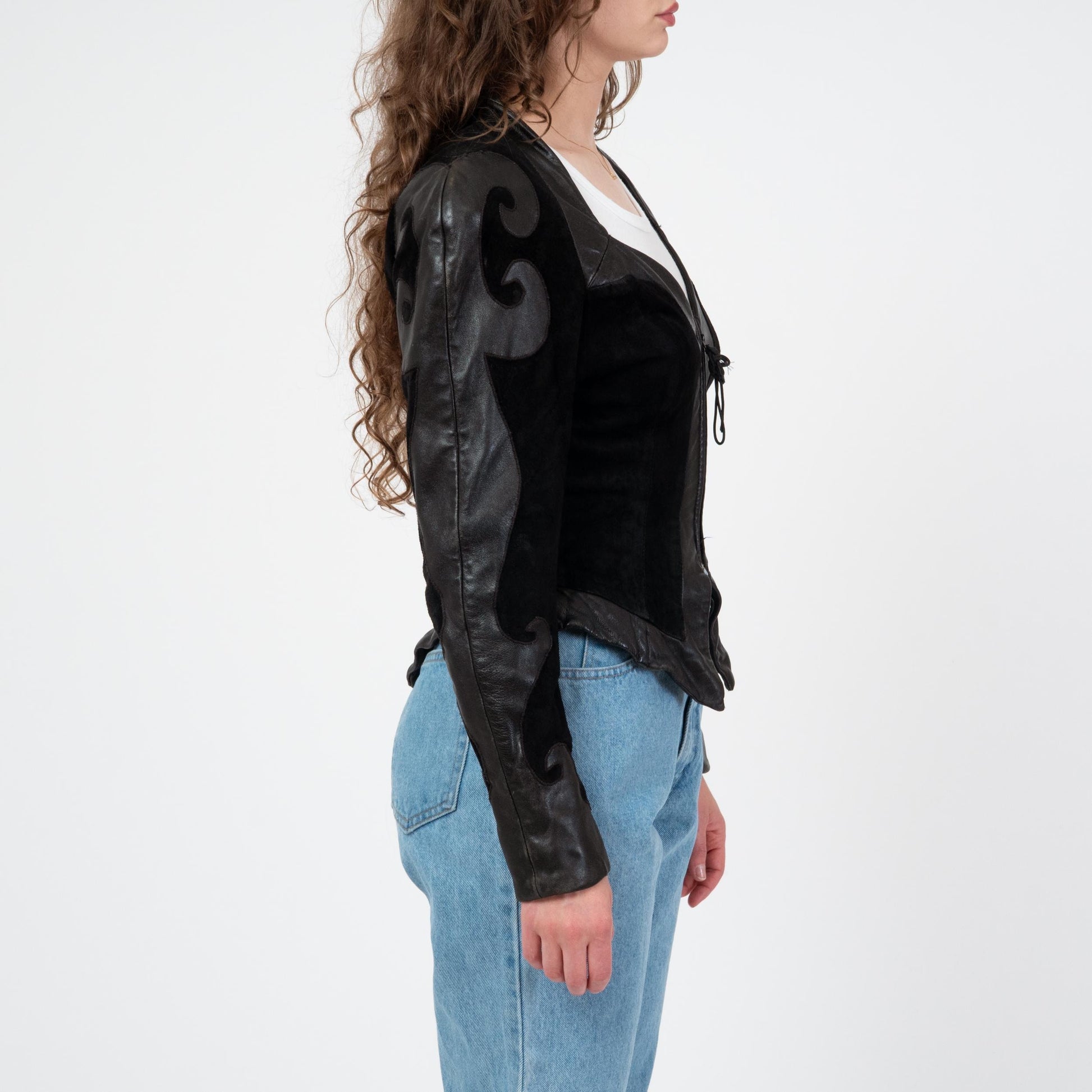Vintage 80s Karen Okada New Wave Black Leather Jacket - Small | Avant Garde Cropped Moto Jacket