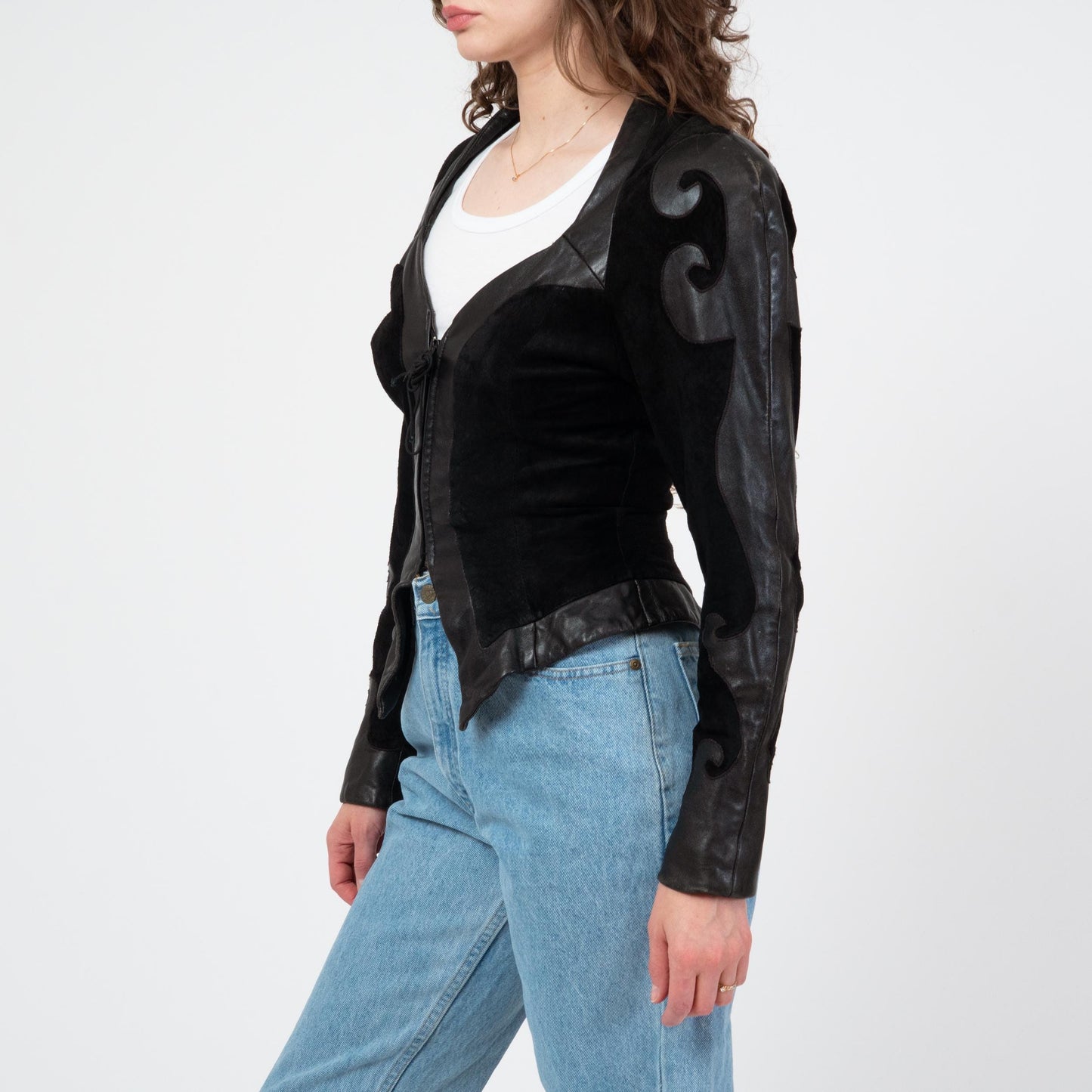 Vintage 80s Karen Okada New Wave Black Leather Jacket - Small | Avant Garde Cropped Moto Jacket