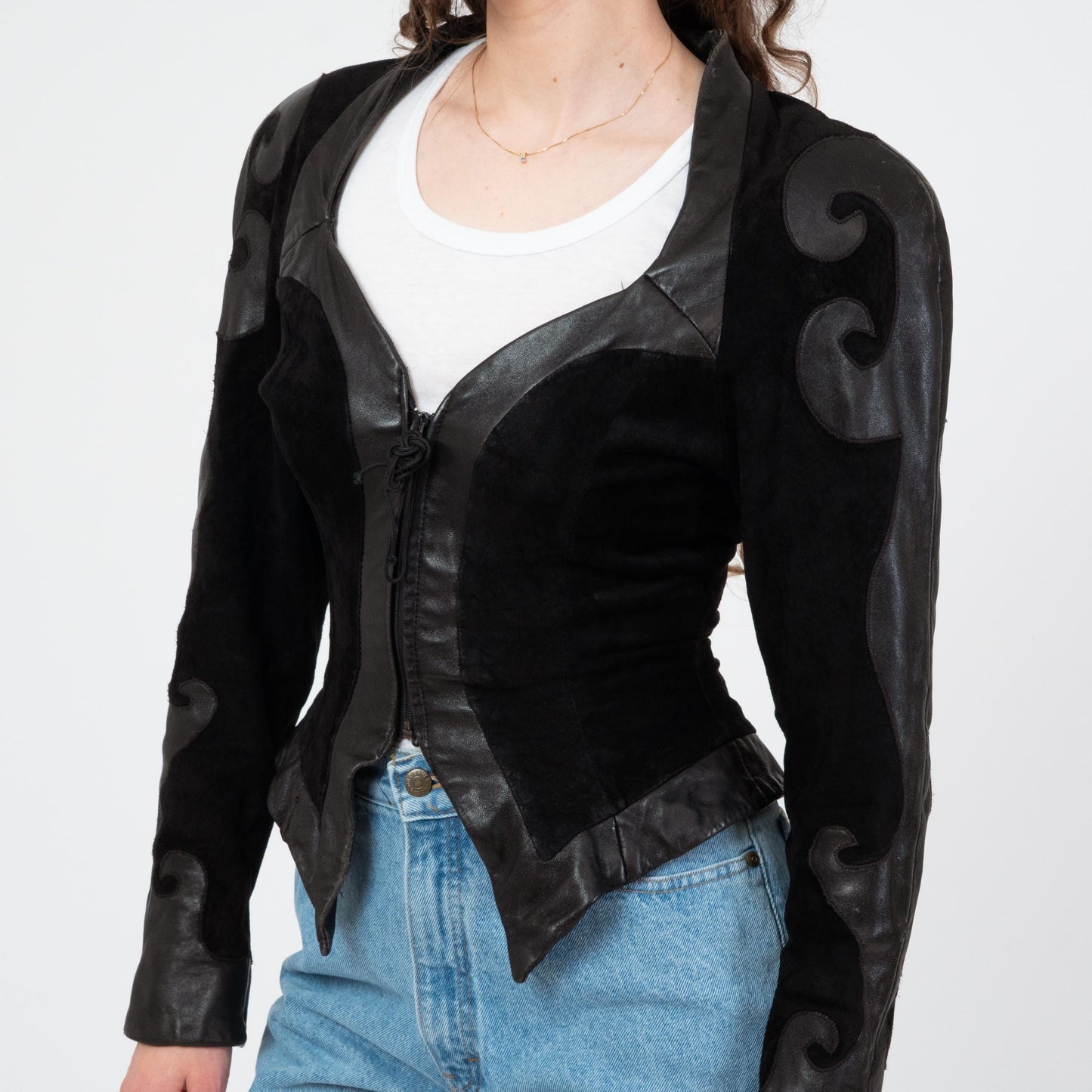 Vintage 80s Karen Okada New Wave Black Leather Jacket - Small | Avant Garde Cropped Moto Jacket
