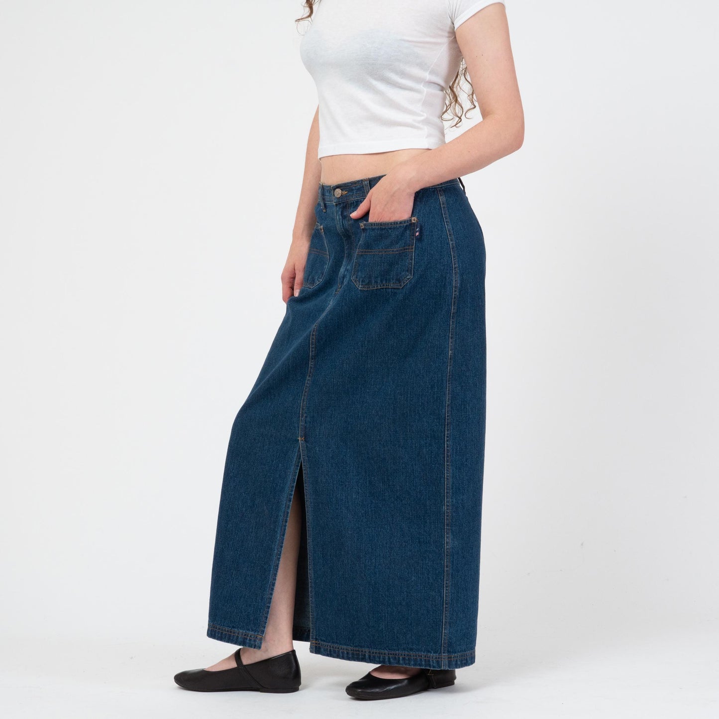 Vintage 90s Dark Wash Denim Maxi Skirt - Medium | Mid Rise Long Jean Skirt