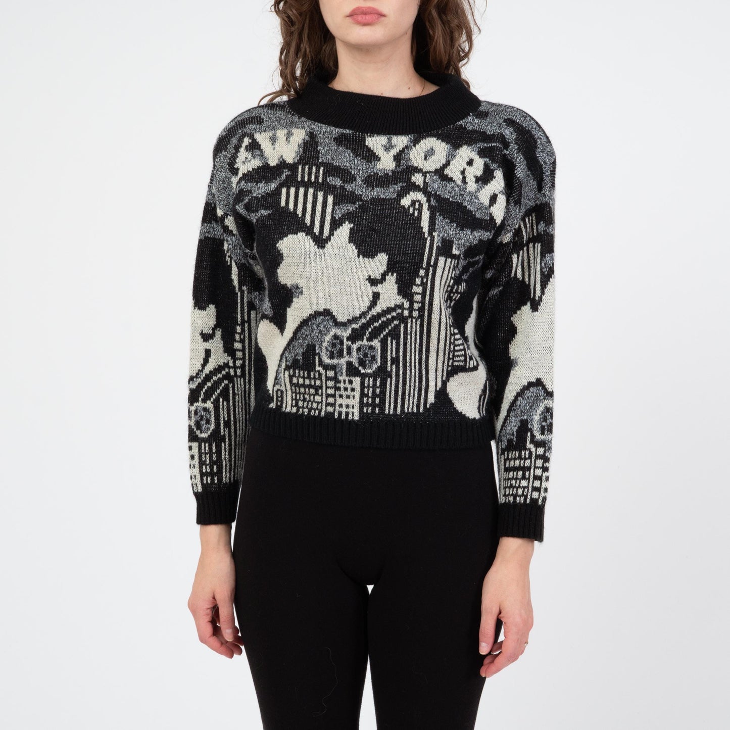 Vintage 80s New York City Scene Intarsia Knit Cropped Sweater - Small to Medium | New Wave Novelty Black & White Pullover