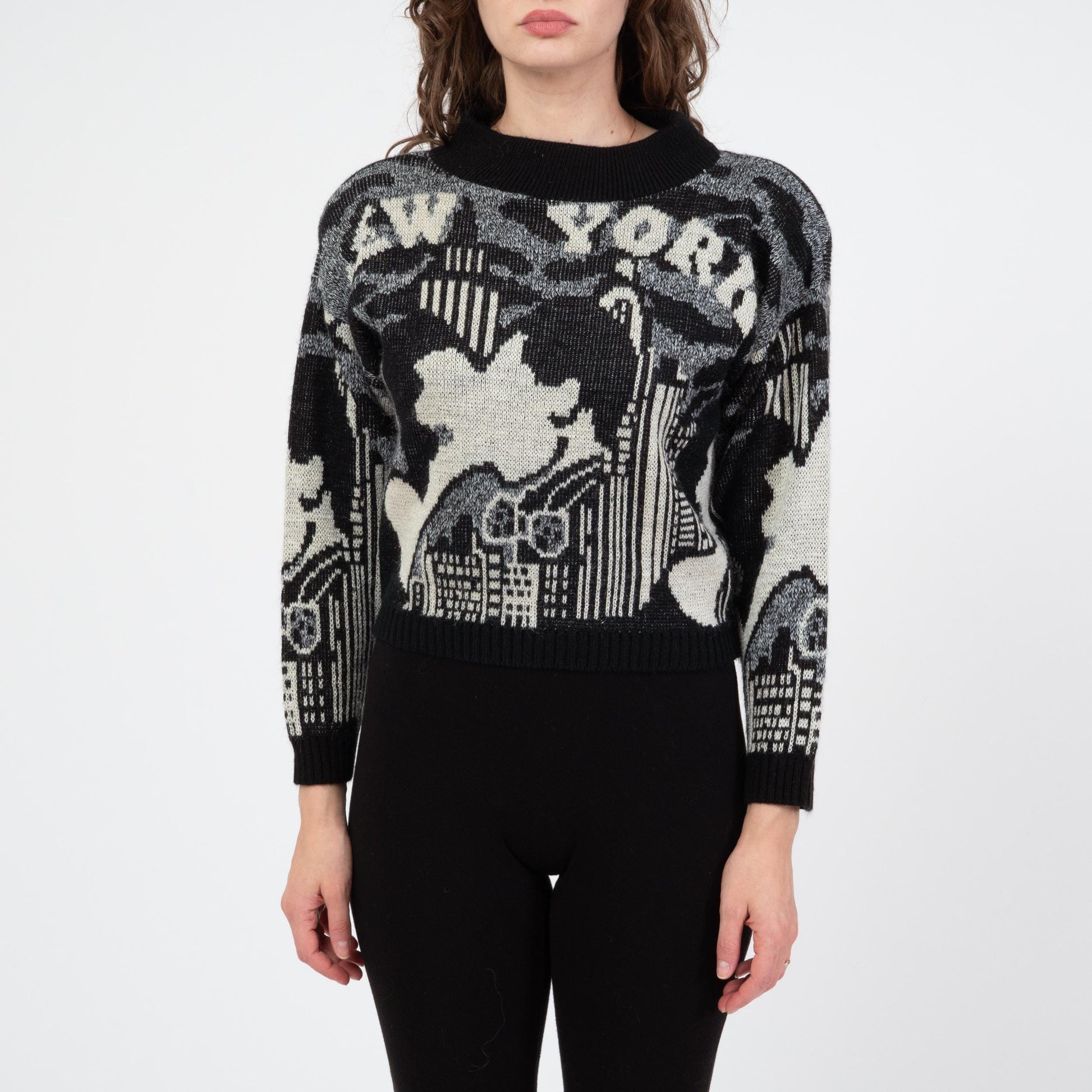 Vintage 80s New York City Scene Intarsia Knit Cropped Sweater - Small to Medium | New Wave Novelty Black & White Pullover