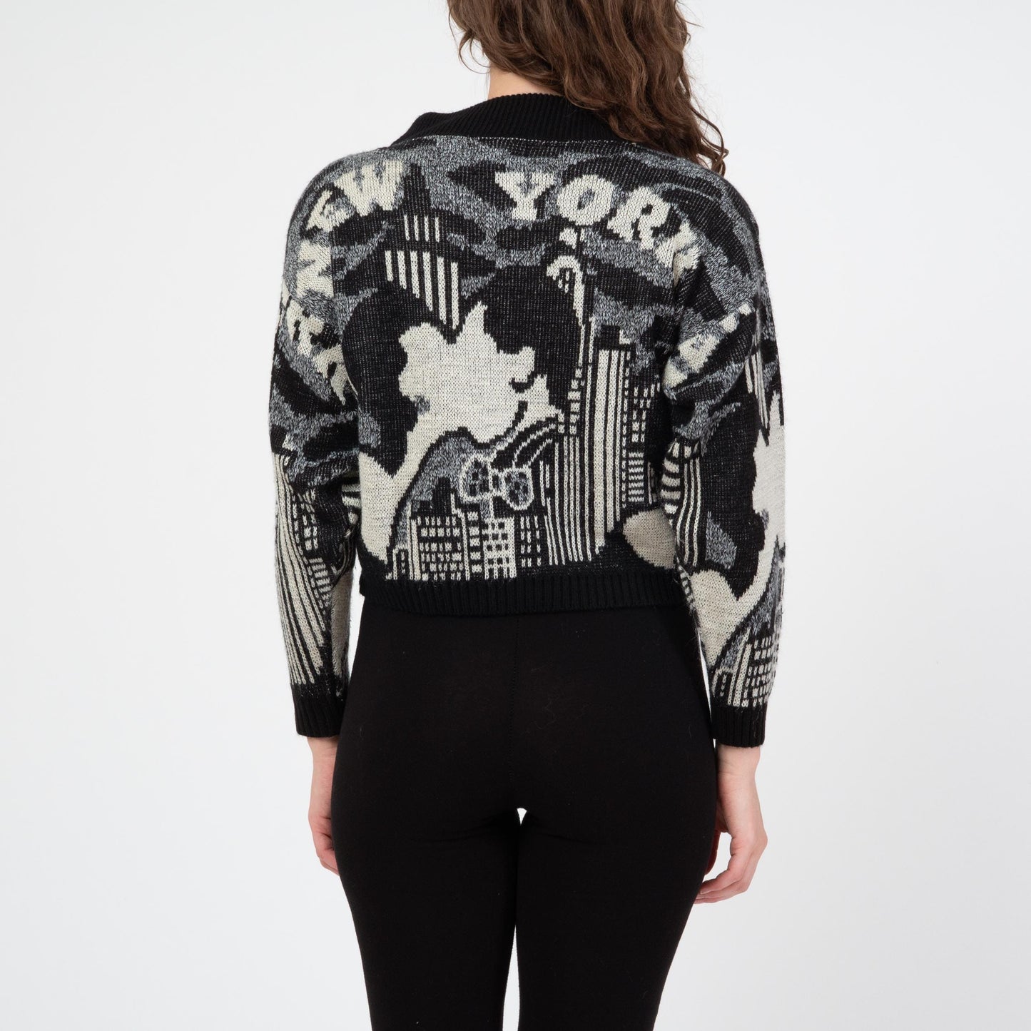 Vintage 80s New York City Scene Intarsia Knit Cropped Sweater - Small to Medium | New Wave Novelty Black & White Pullover