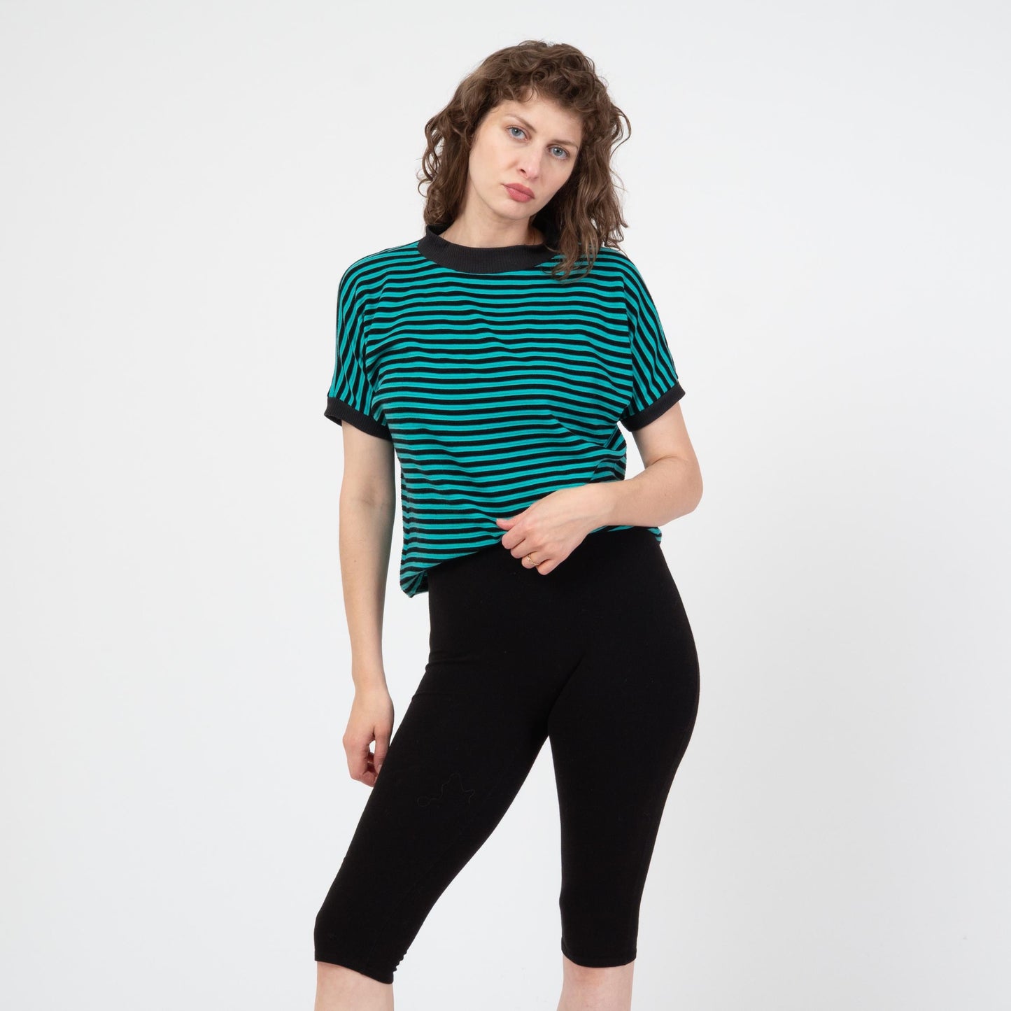 Vintage 80s Black & Teal Striped Mockneck Top - Medium | Dolman Sleeve Pullover Shirt