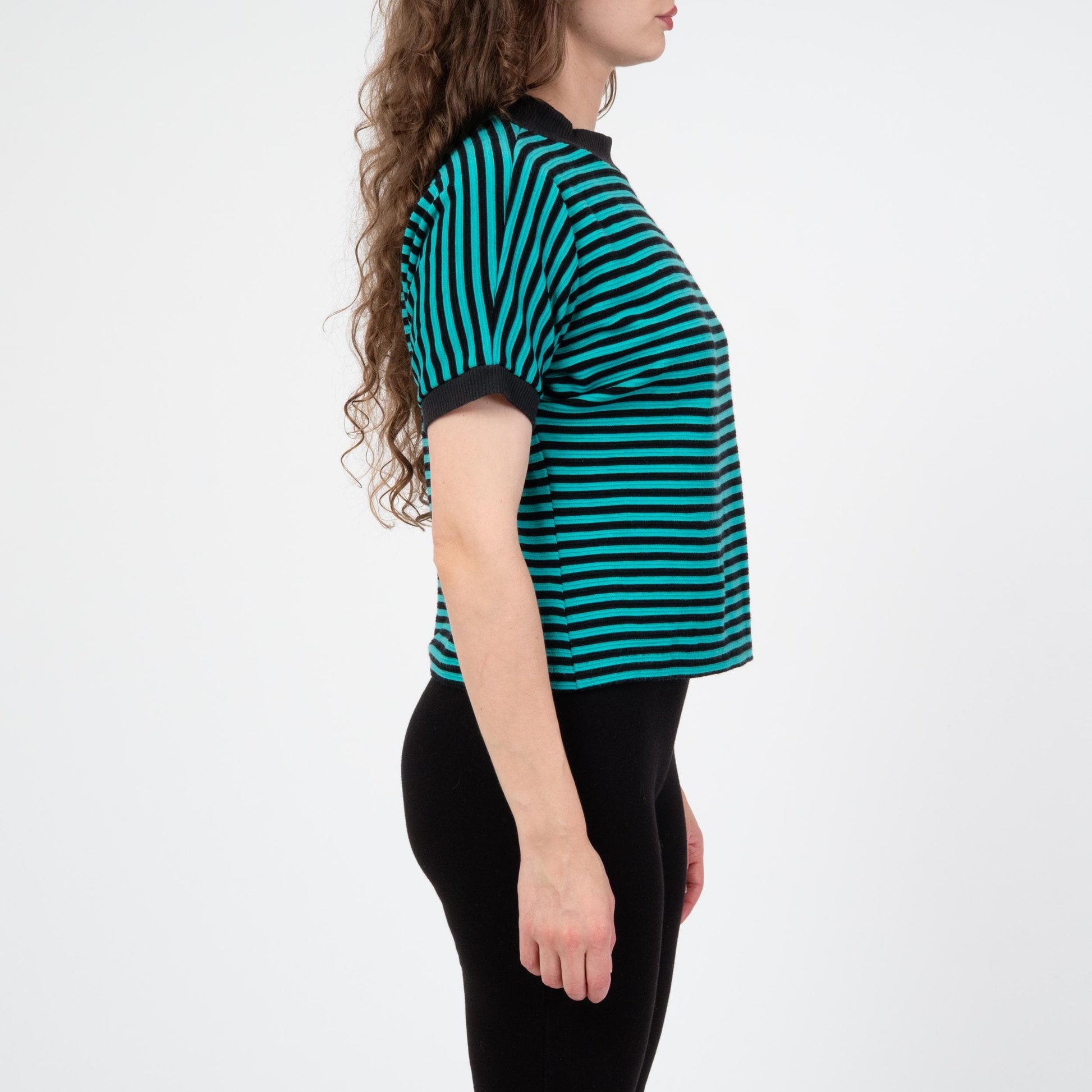 Vintage 80s Black & Teal Striped Mockneck Top - Medium | Dolman Sleeve Pullover Shirt