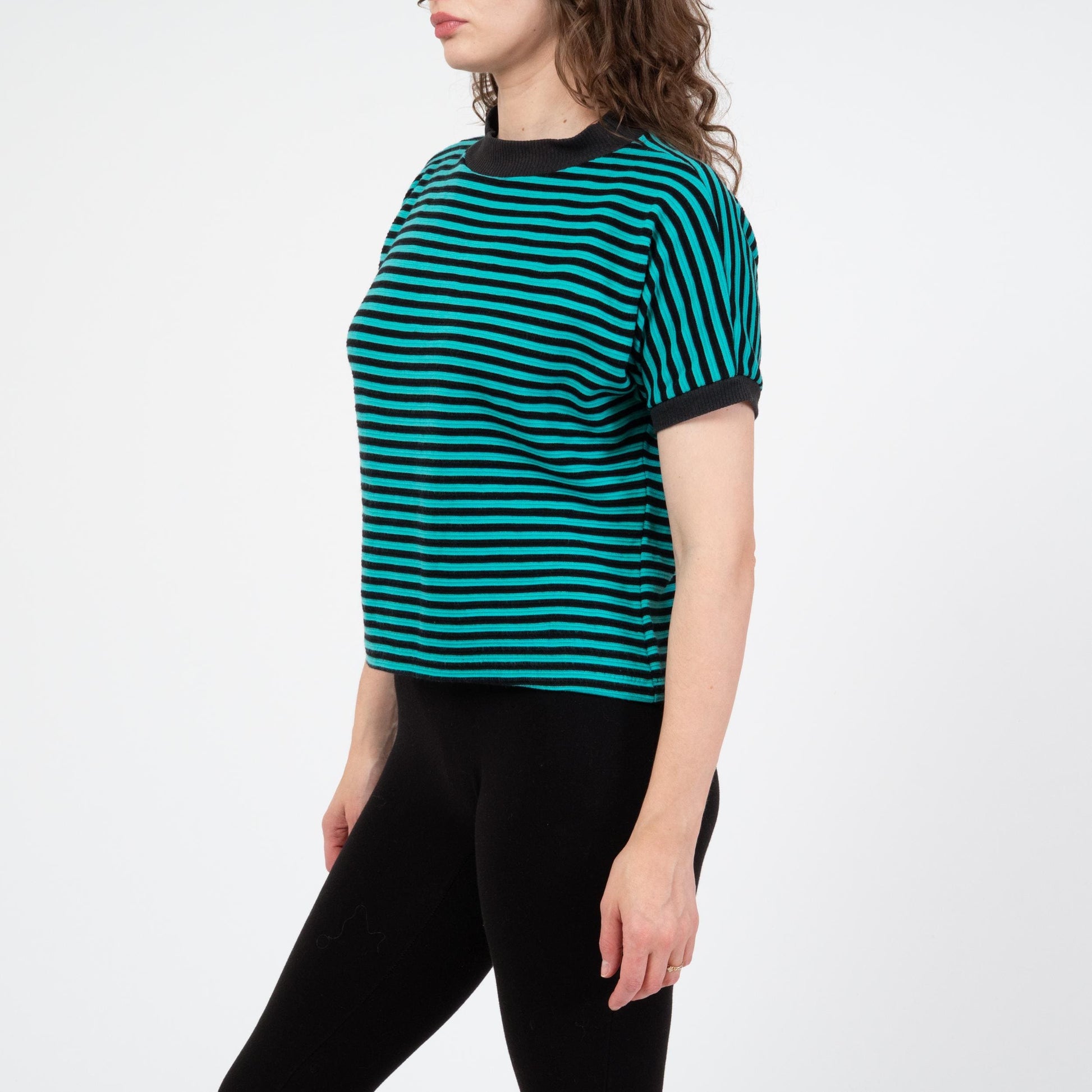 Vintage 80s Black & Teal Striped Mockneck Top - Medium | Dolman Sleeve Pullover Shirt