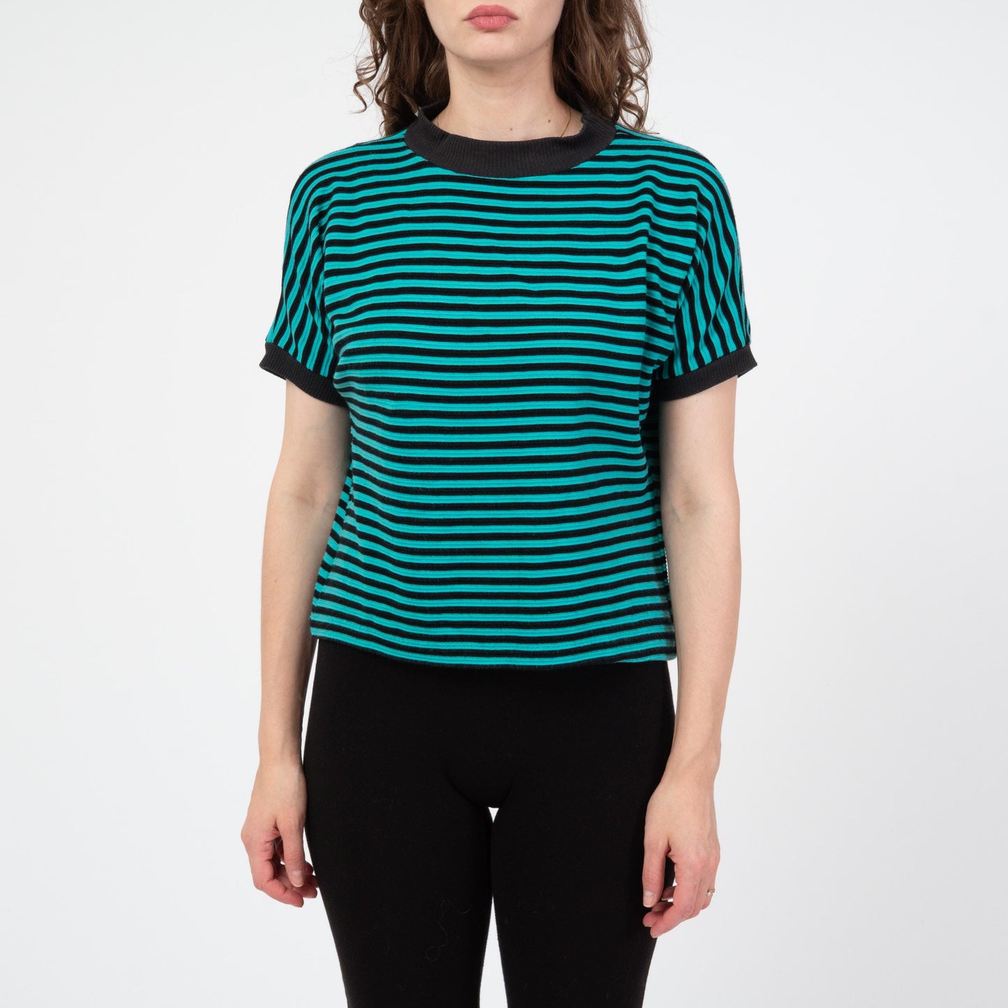 Vintage 80s Black & Teal Striped Mockneck Top - Medium | Dolman Sleeve Pullover Shirt