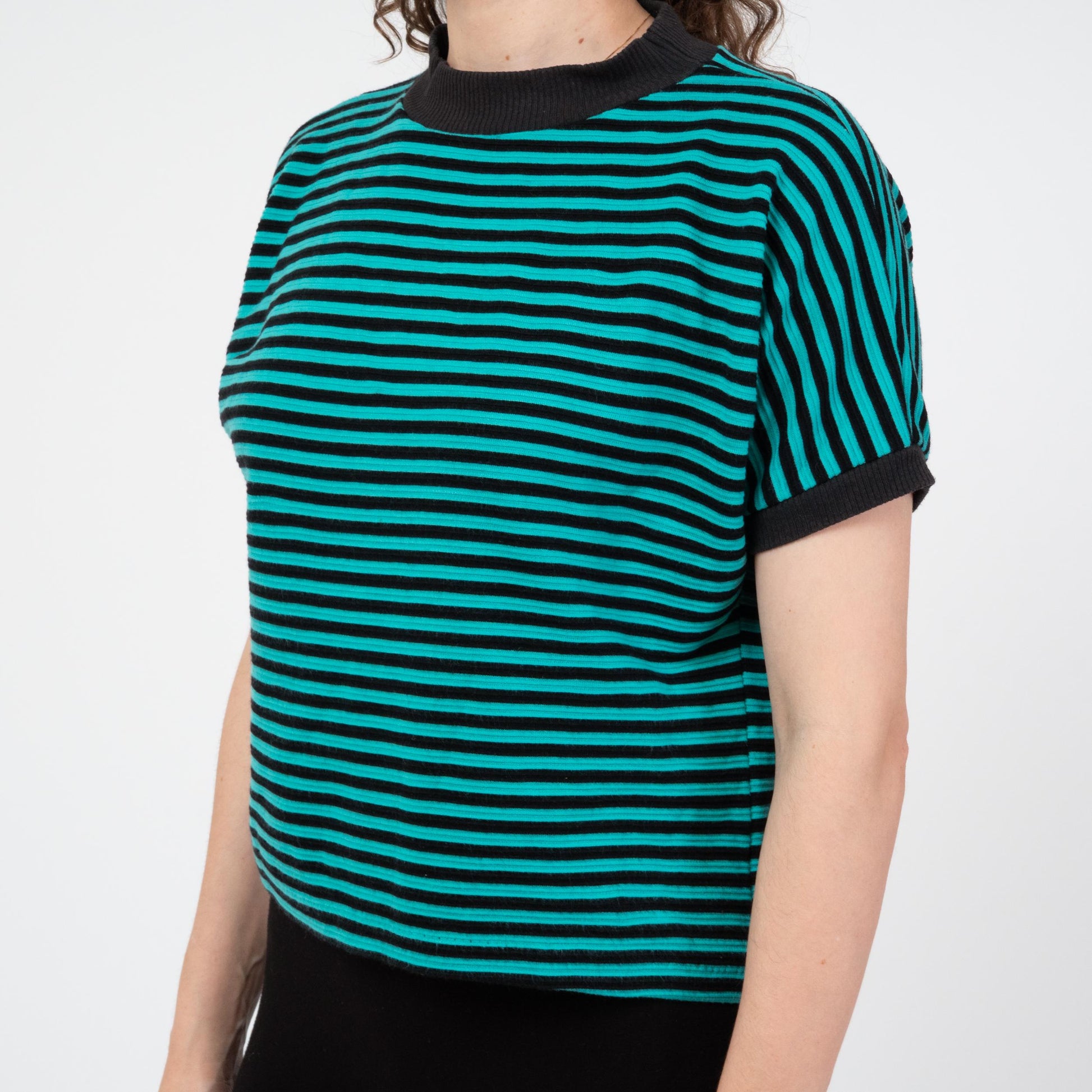 Vintage 80s Black & Teal Striped Mockneck Top - Medium | Dolman Sleeve Pullover Shirt